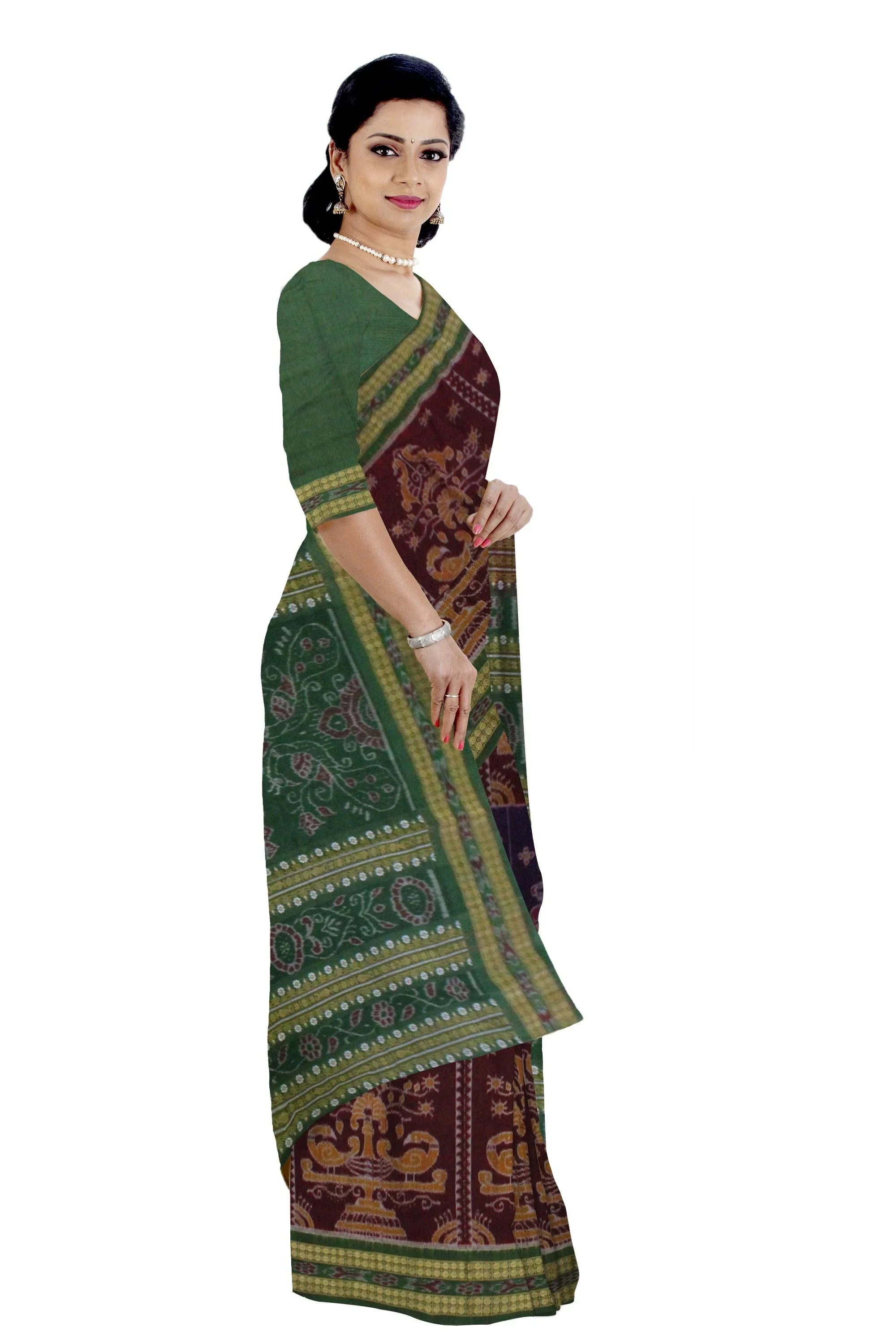 Nartaki design Sambalpuri cotton saree in dark Maroon and Blue color. - Koshali Arts & Crafts Enterprise