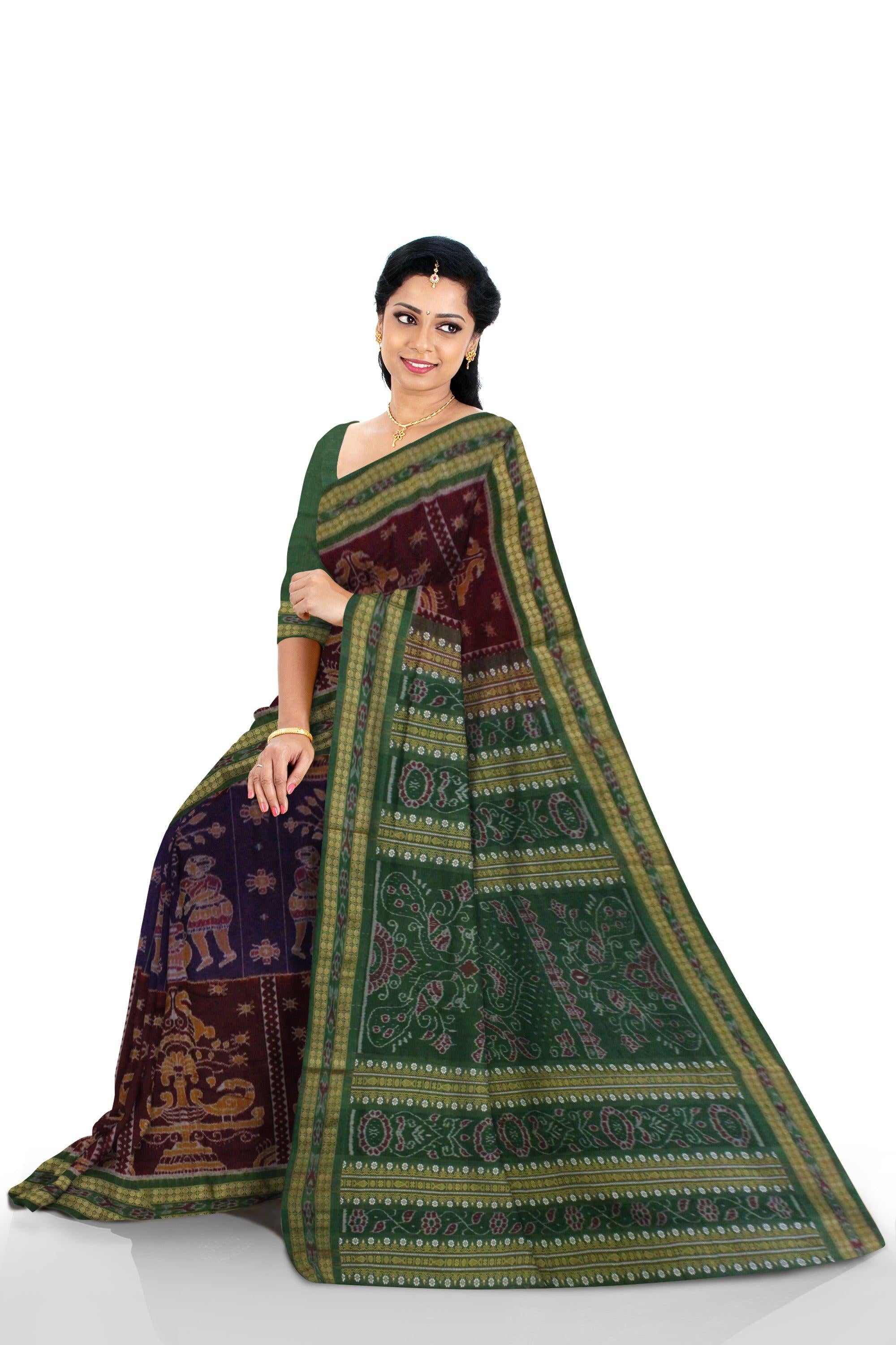 Nartaki design Sambalpuri cotton saree in dark Maroon and Blue color. - Koshali Arts & Crafts Enterprise