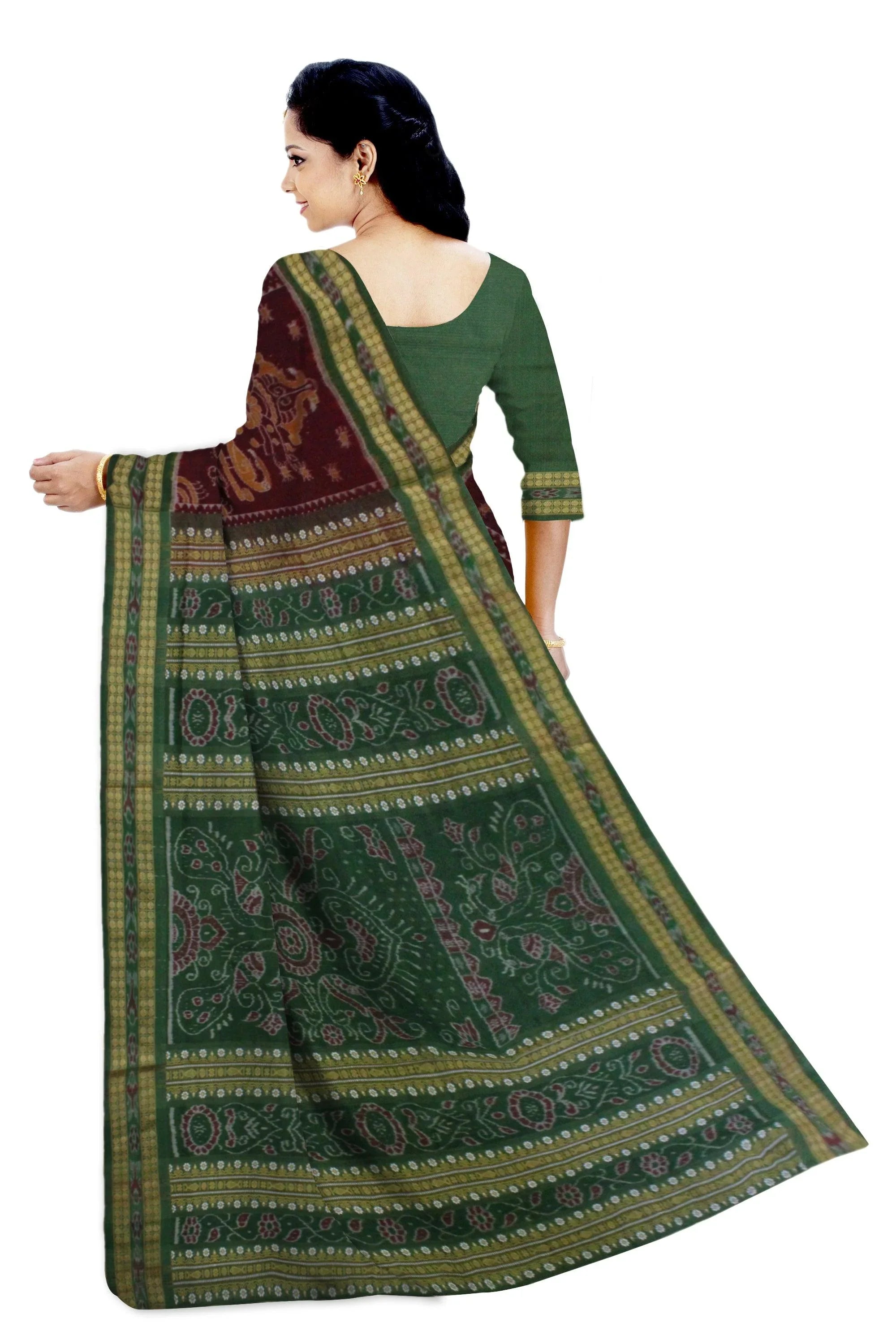 Nartaki design Sambalpuri cotton saree in dark Maroon and Blue color. - Koshali Arts & Crafts Enterprise