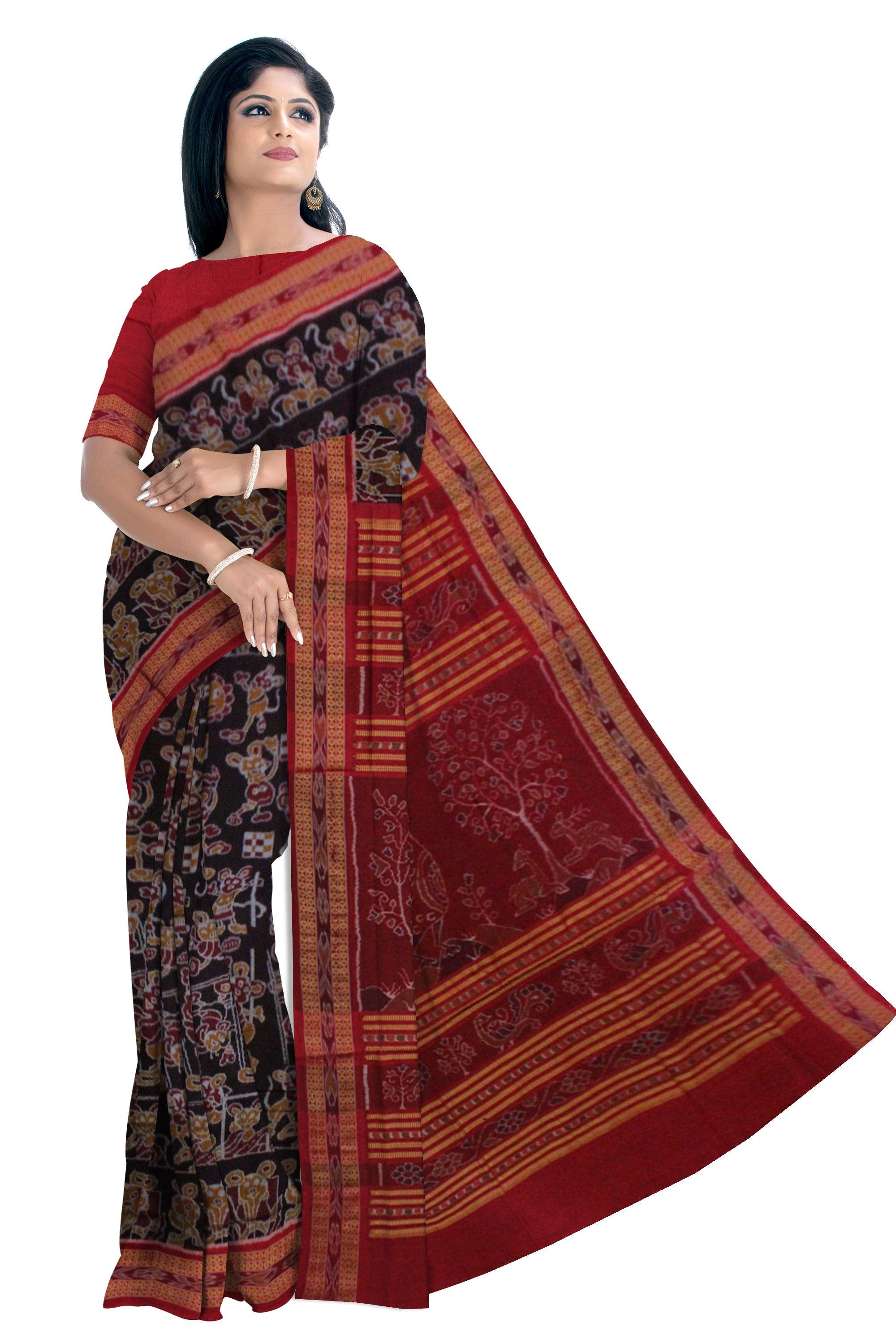 Micky Mouse design Sambalpuri cotton saree in chocolate color. - Koshali Arts & Crafts Enterprise