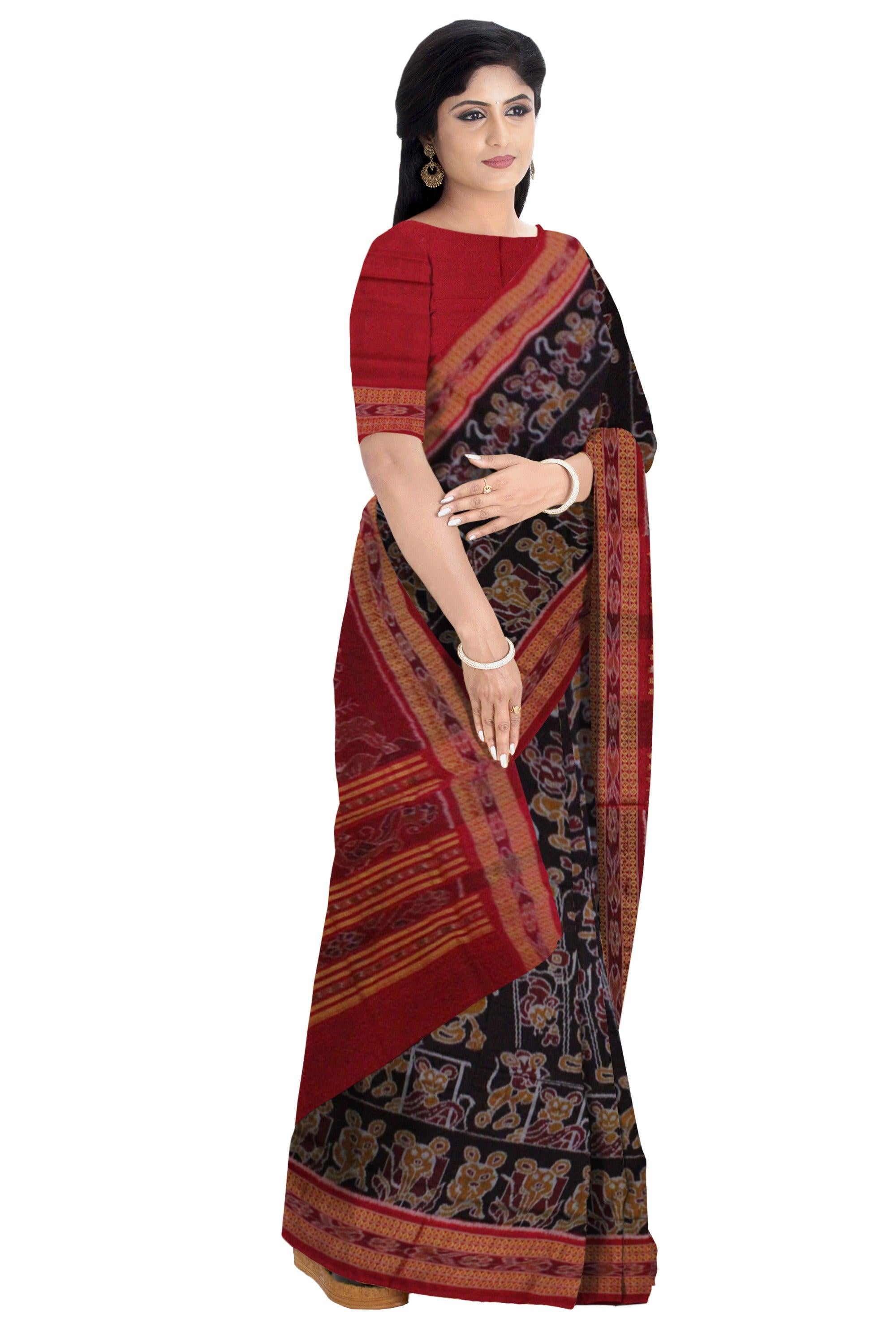 Micky Mouse design Sambalpuri cotton saree in chocolate color. - Koshali Arts & Crafts Enterprise