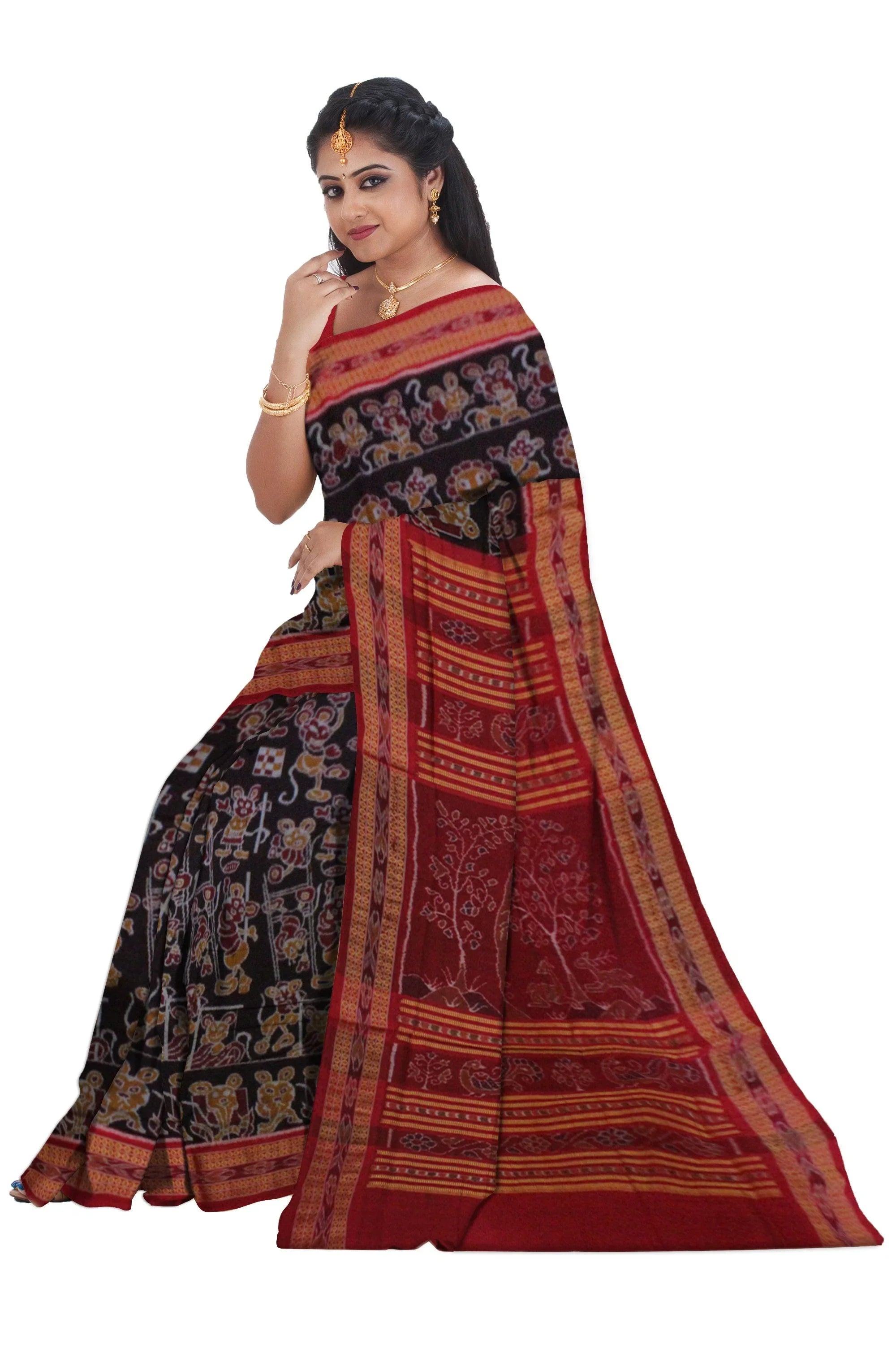 Micky Mouse design Sambalpuri cotton saree in chocolate color. - Koshali Arts & Crafts Enterprise