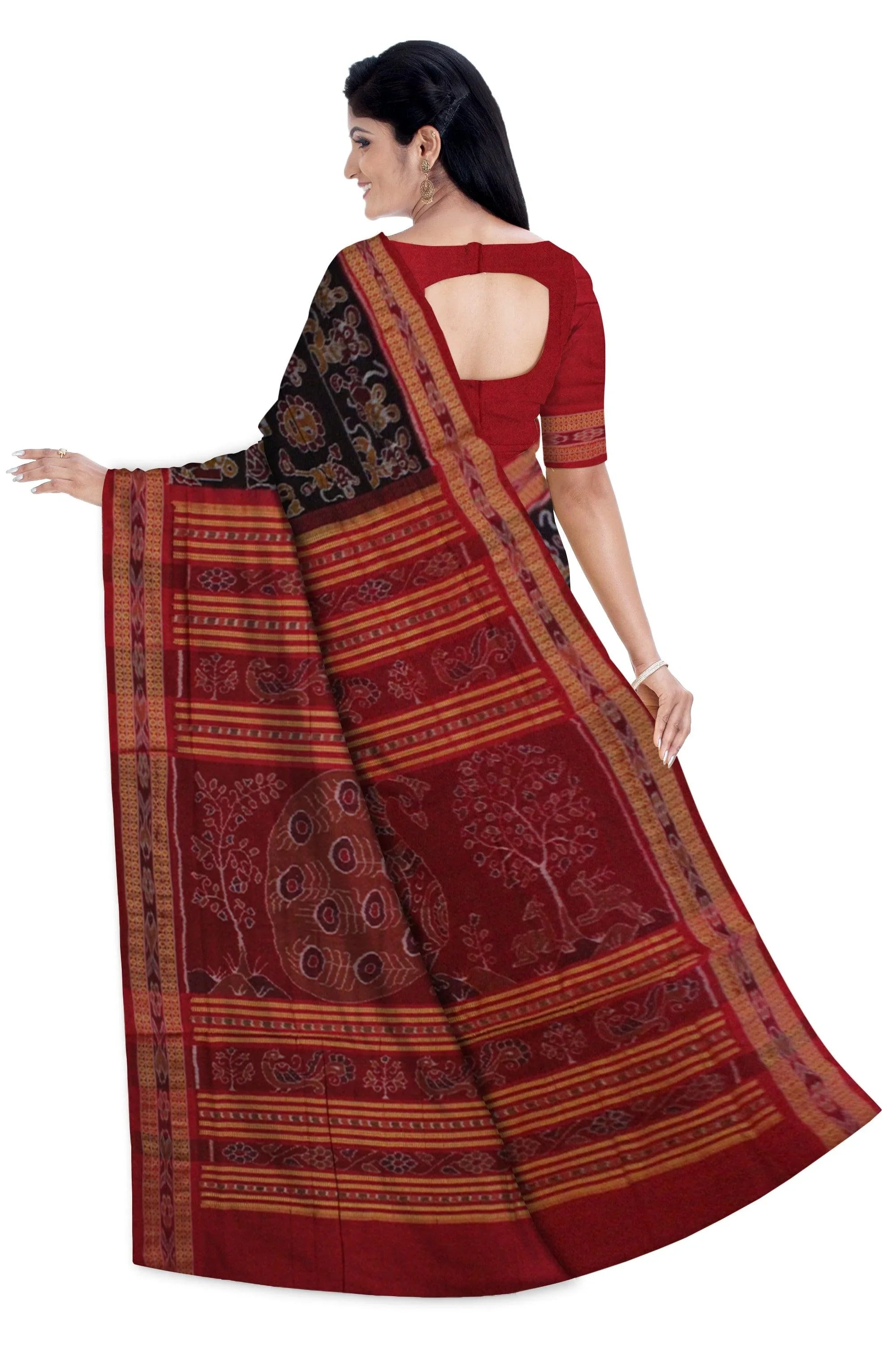 Micky Mouse design Sambalpuri cotton saree in chocolate color. - Koshali Arts & Crafts Enterprise