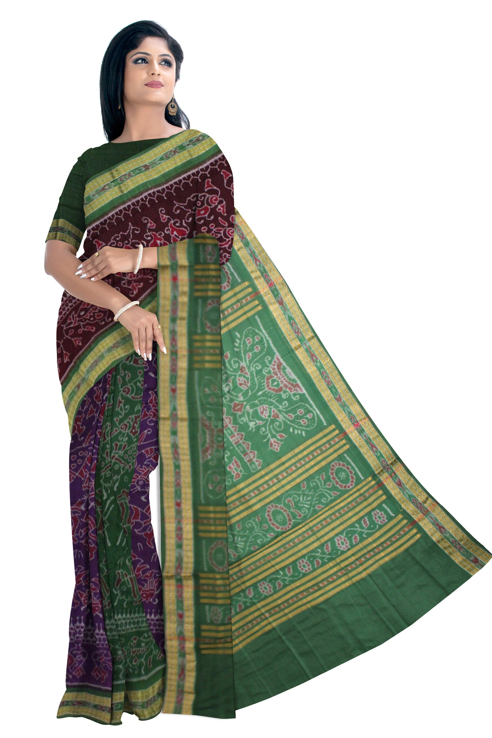 Multi color Fish design Sambalpuri cotton saree in chocolate and Green color. - Koshali Arts & Crafts Enterprise