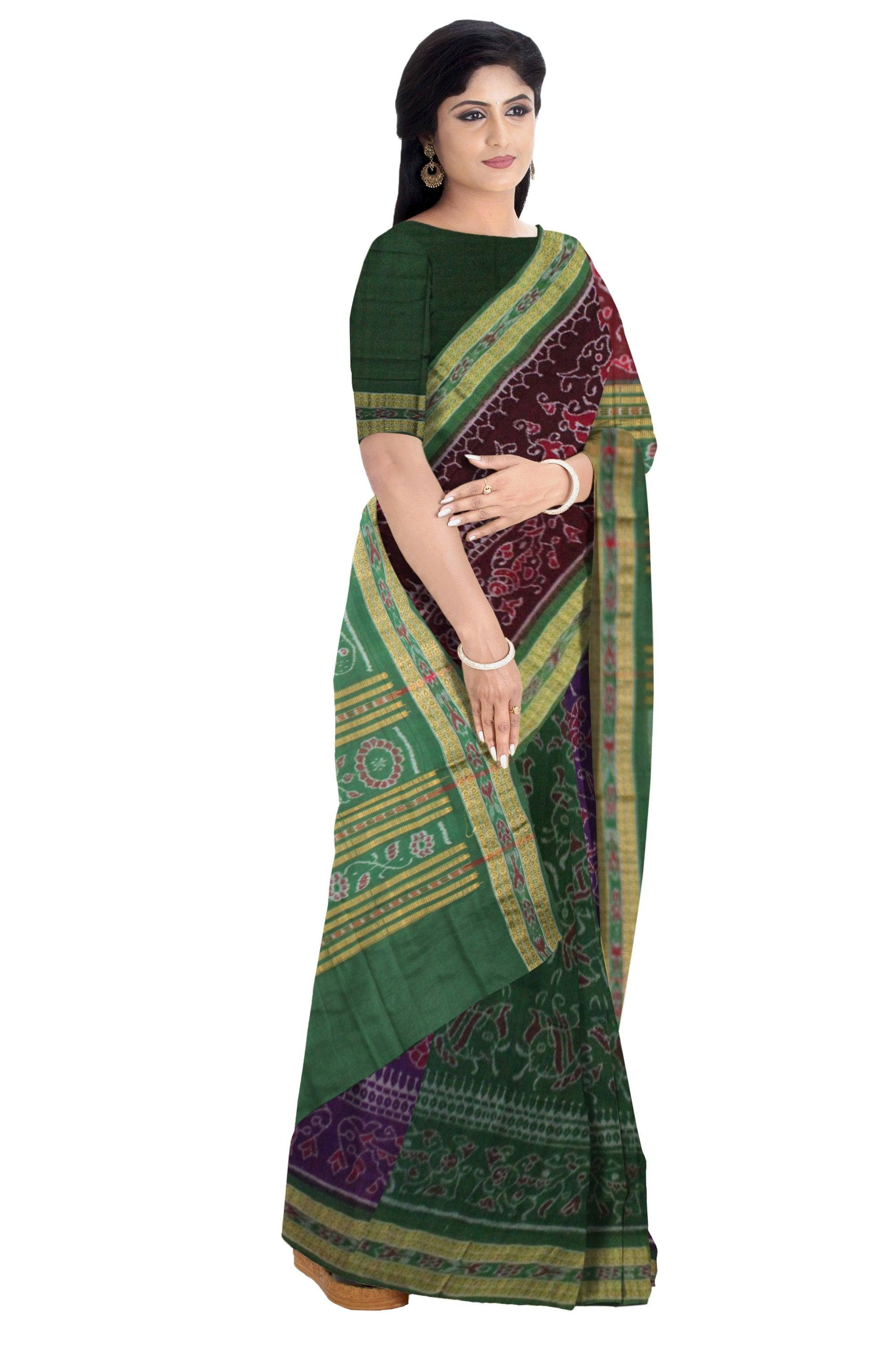 Multi color Fish design Sambalpuri cotton saree in chocolate and Green color. - Koshali Arts & Crafts Enterprise