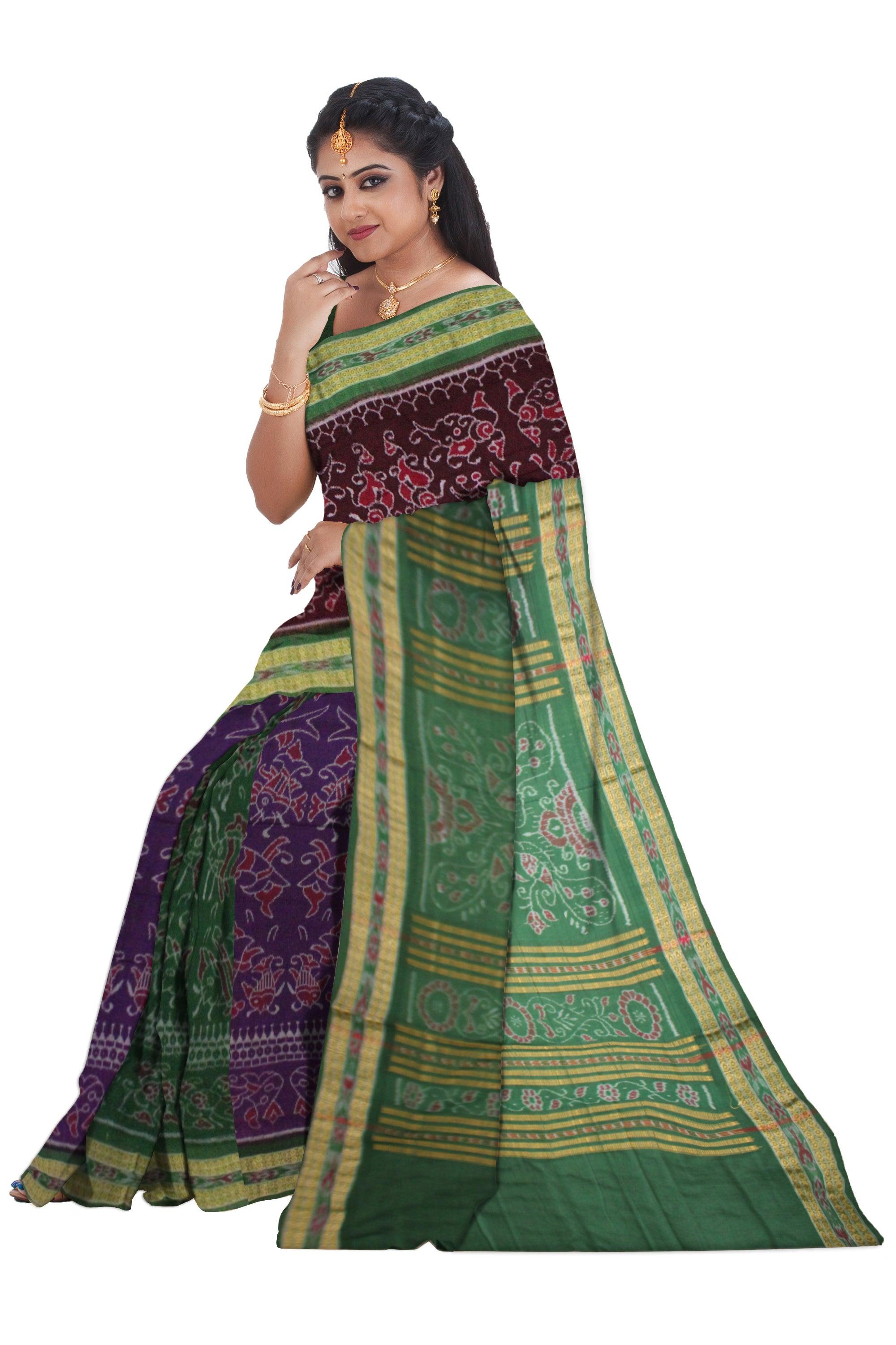 Multi color Fish design Sambalpuri cotton saree in chocolate and Green color. - Koshali Arts & Crafts Enterprise
