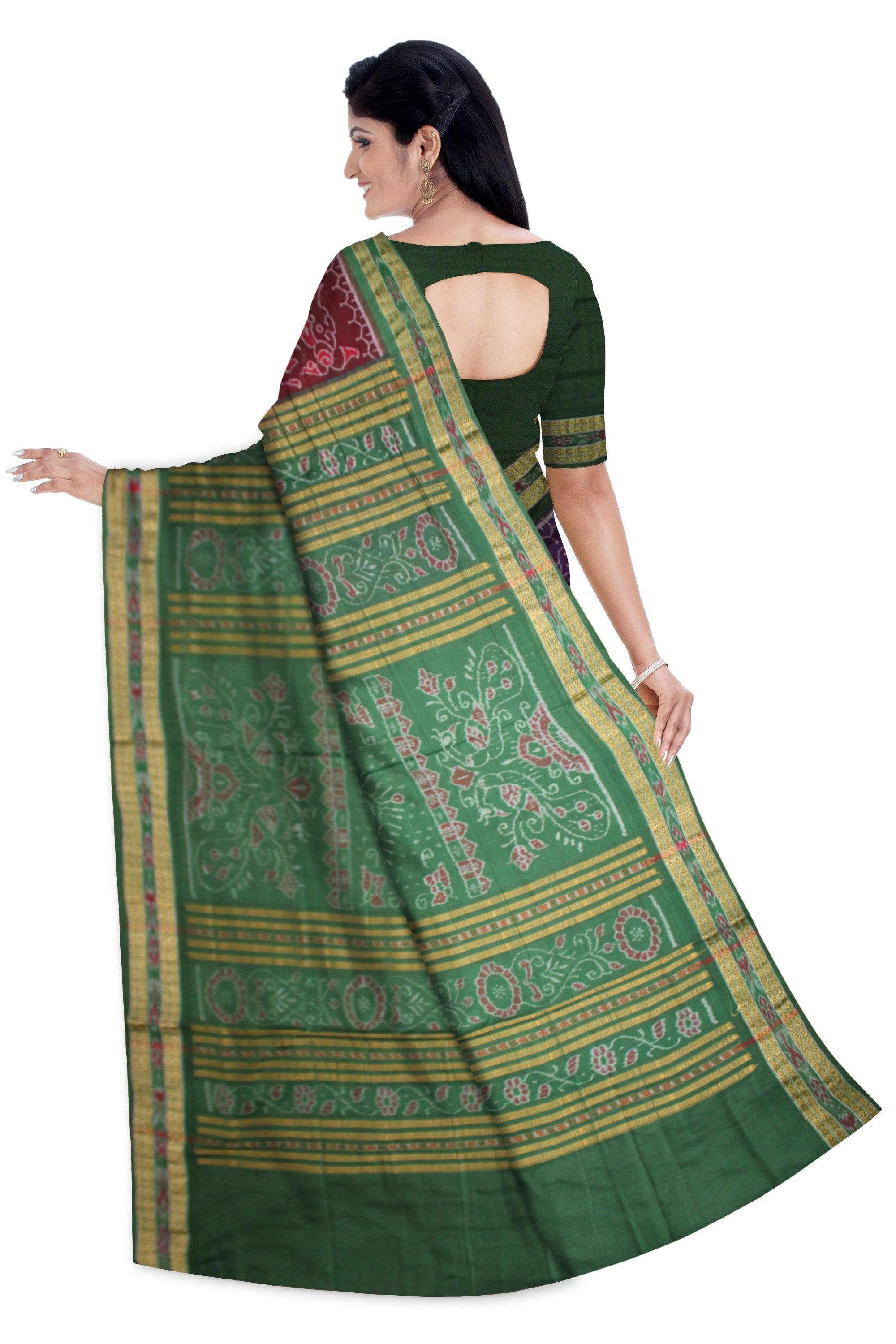 Multi color Fish design Sambalpuri cotton saree in chocolate and Green color. - Koshali Arts & Crafts Enterprise