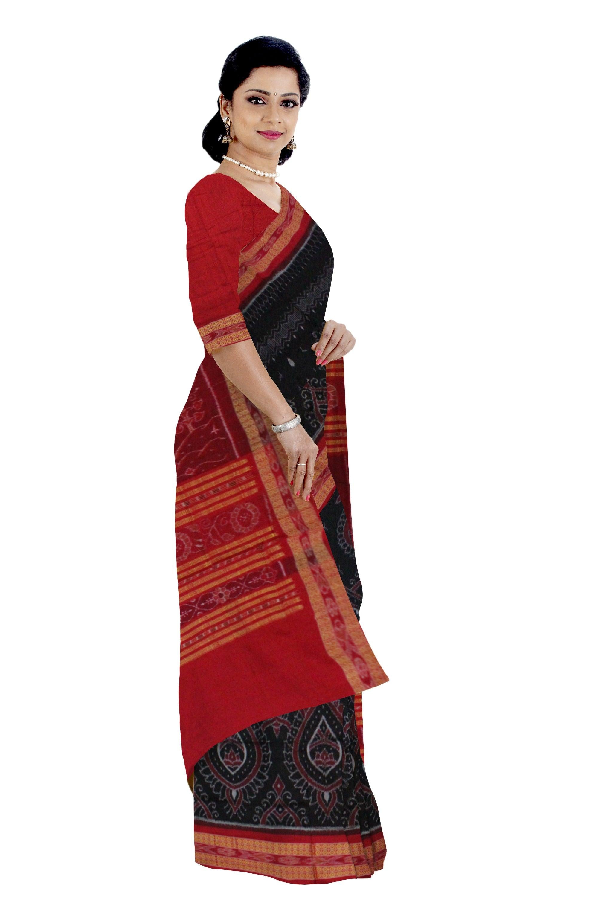 Traditional Ikat design Sambalpuri cotton saree in Dark Coffee color. - Koshali Arts & Crafts Enterprise