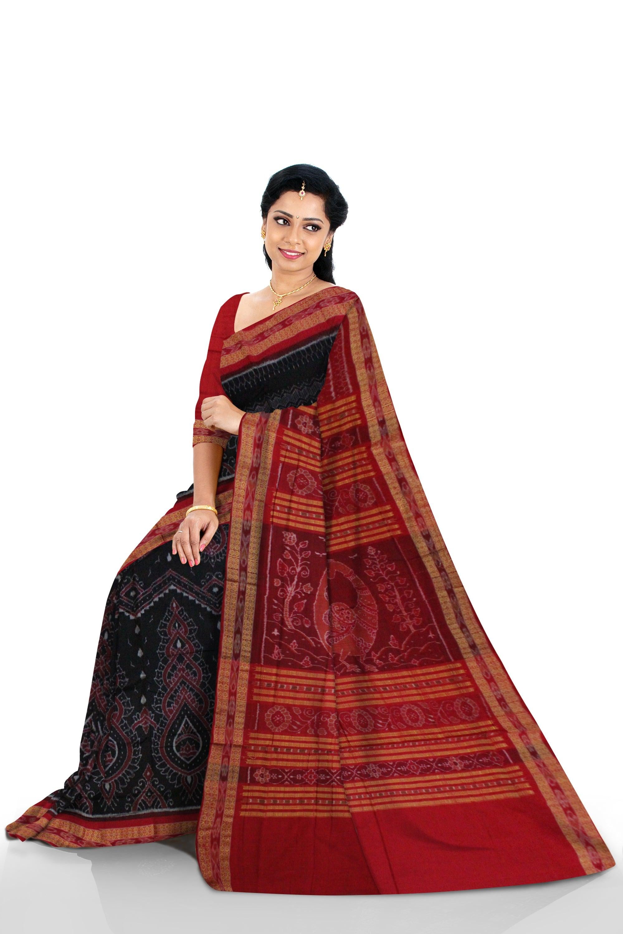 Traditional Ikat design Sambalpuri cotton saree in Dark Coffee color. - Koshali Arts & Crafts Enterprise
