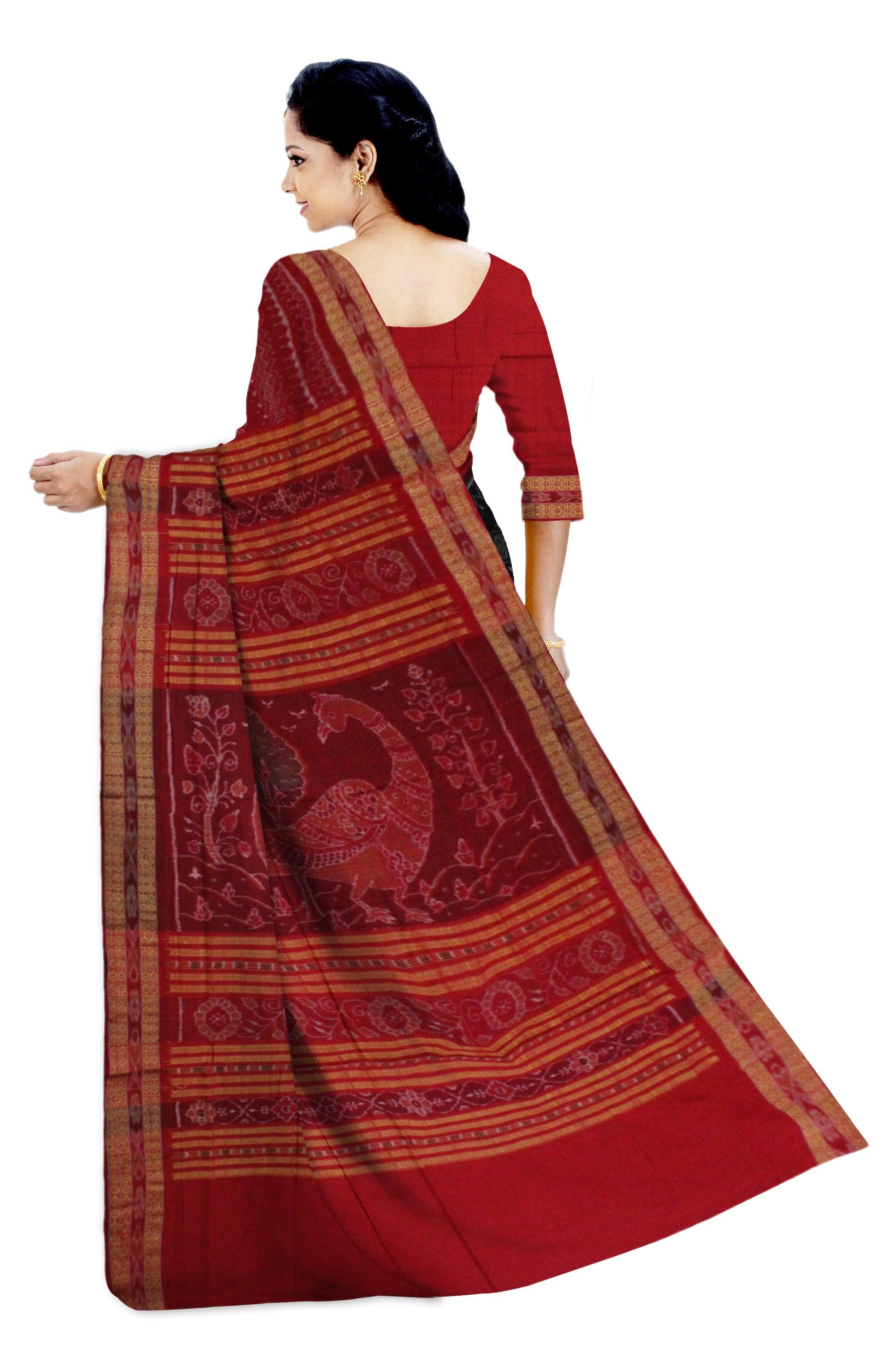 Traditional Ikat design Sambalpuri cotton saree in Dark Coffee color. - Koshali Arts & Crafts Enterprise