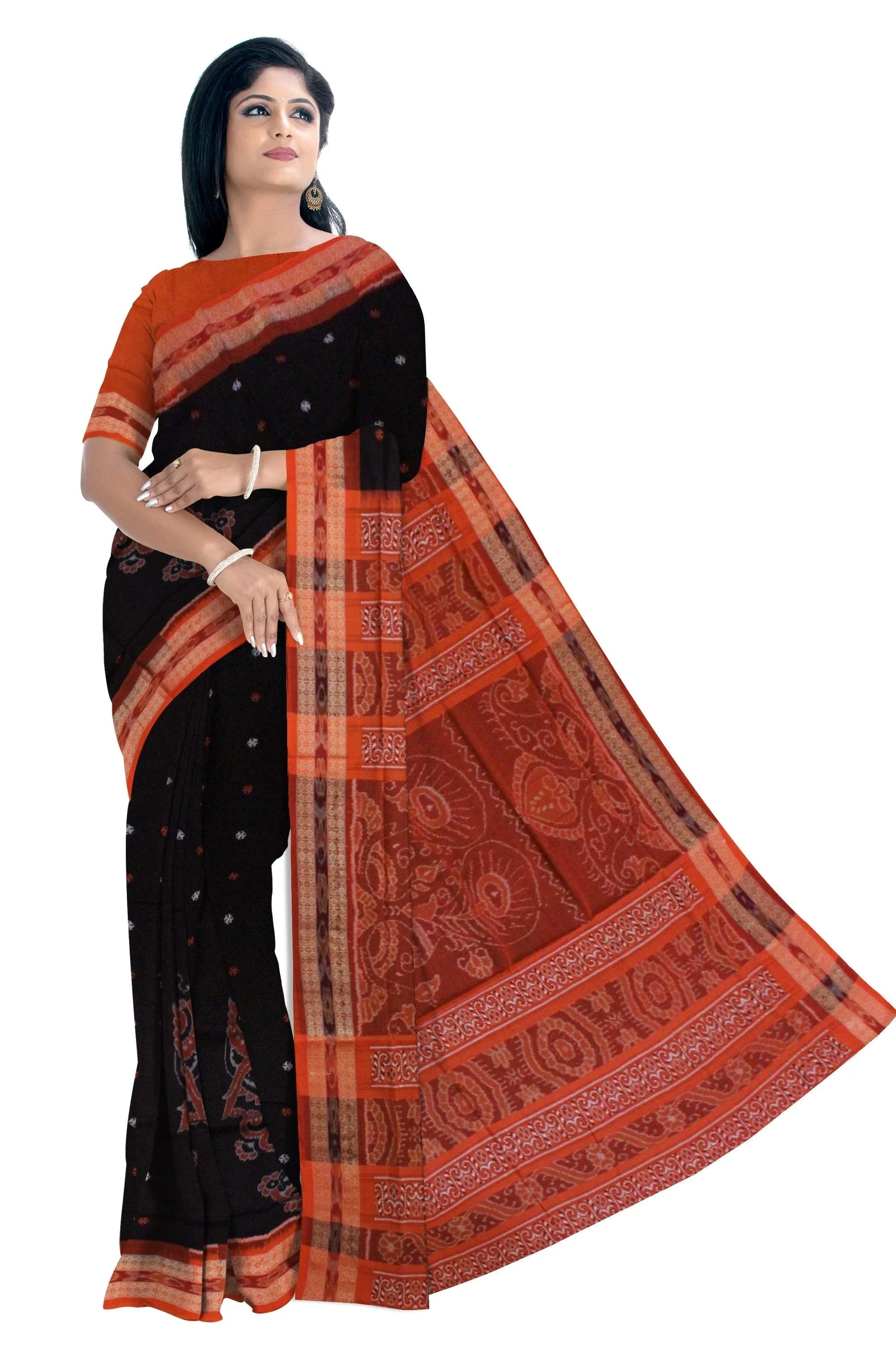 Traditional Ikat design Sambalpuri cotton saree in Coffee color. - Koshali Arts & Crafts Enterprise