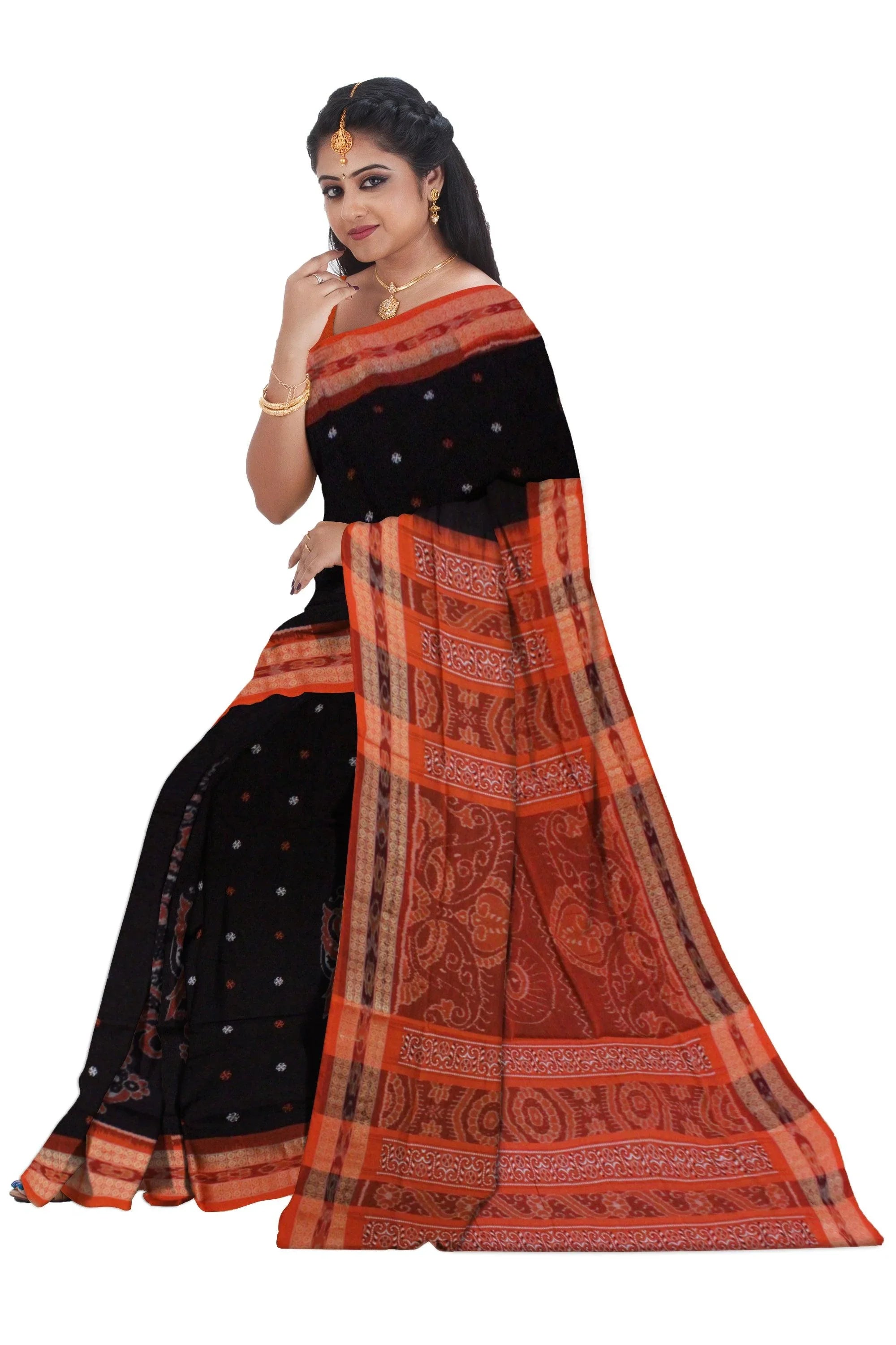 Traditional Ikat design Sambalpuri cotton saree in Coffee color. - Koshali Arts & Crafts Enterprise