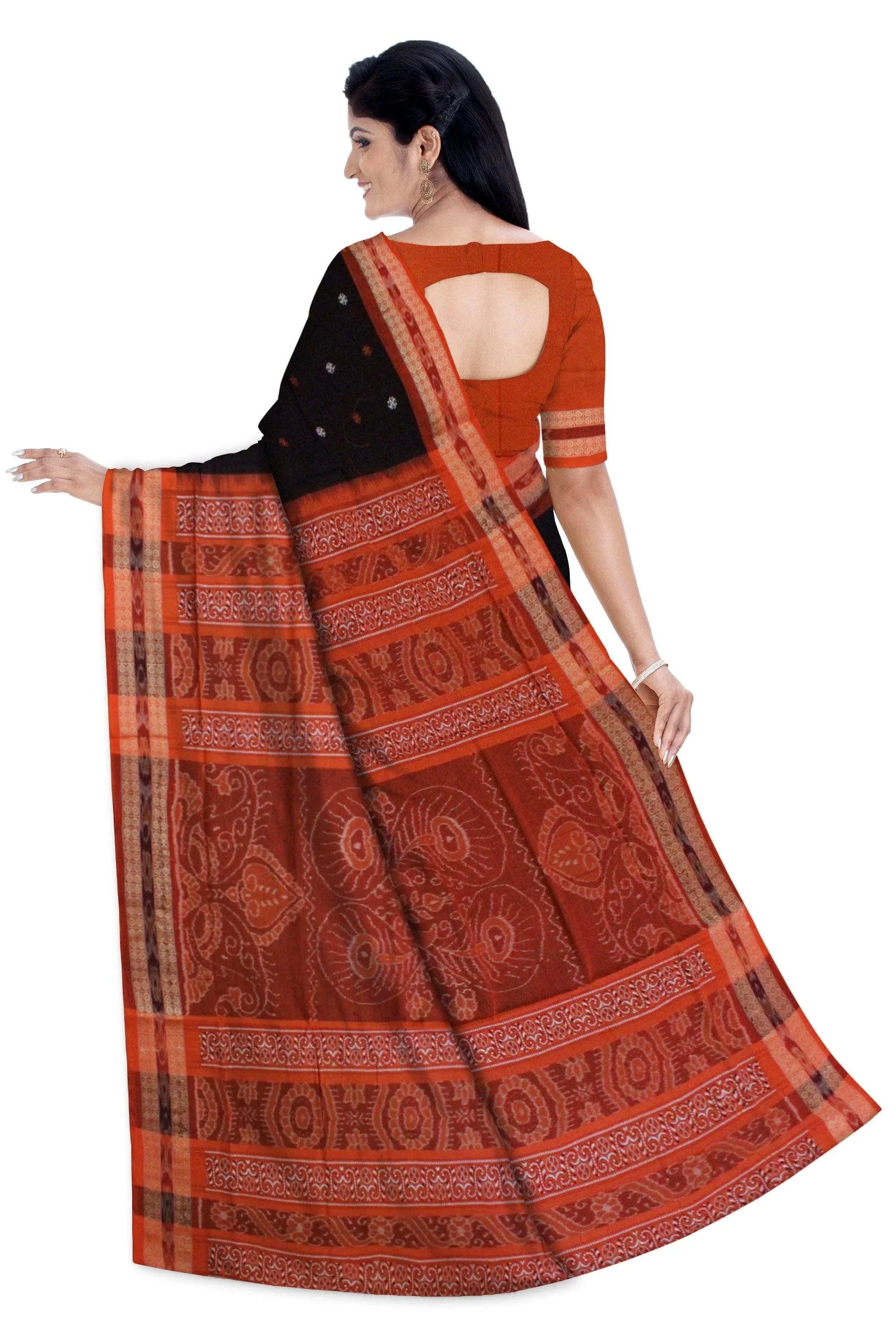 Traditional Ikat design Sambalpuri cotton saree in Coffee color. - Koshali Arts & Crafts Enterprise