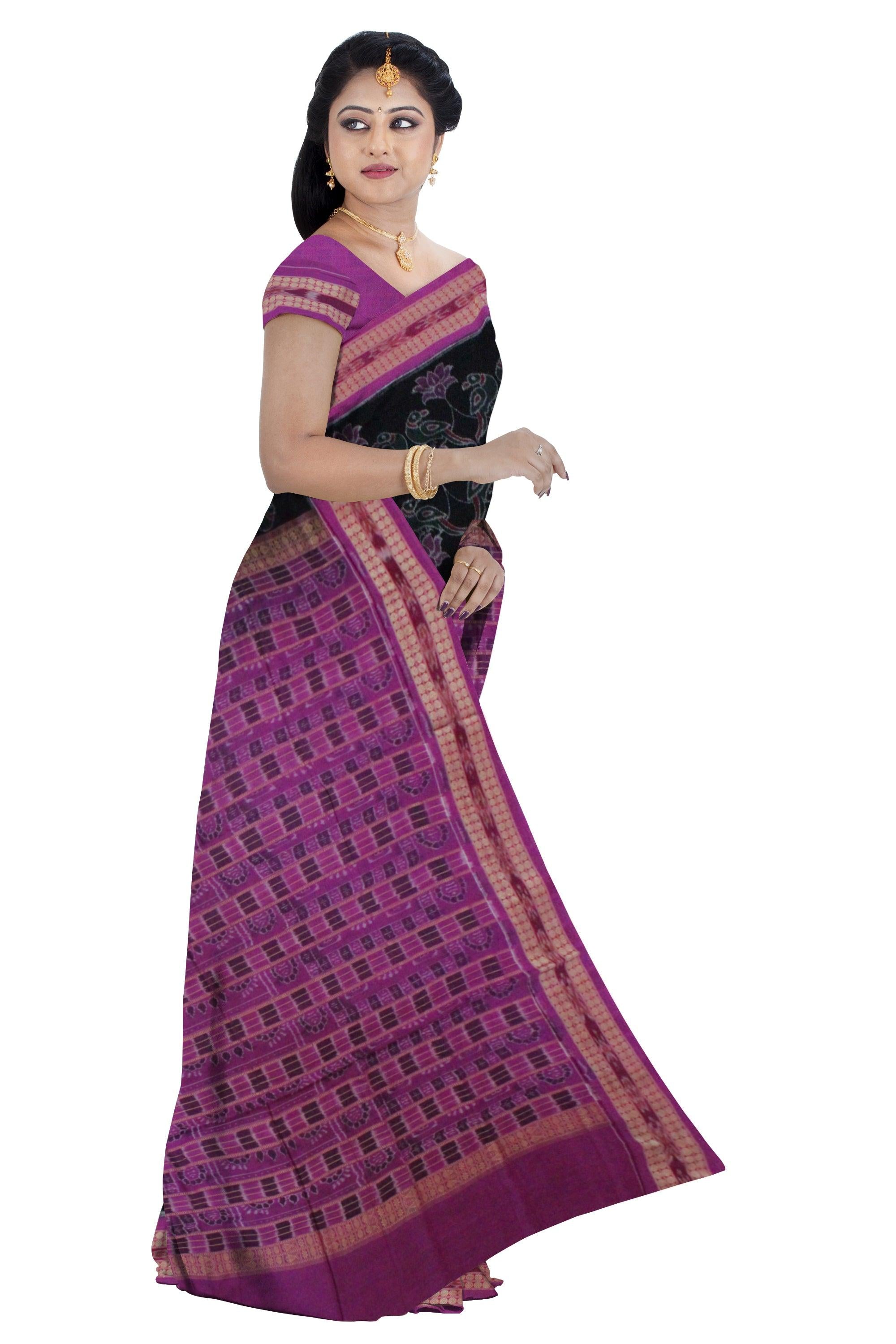 Lotus and Parrot design Sambalpuri cotton saree in Black color. - Koshali Arts & Crafts Enterprise