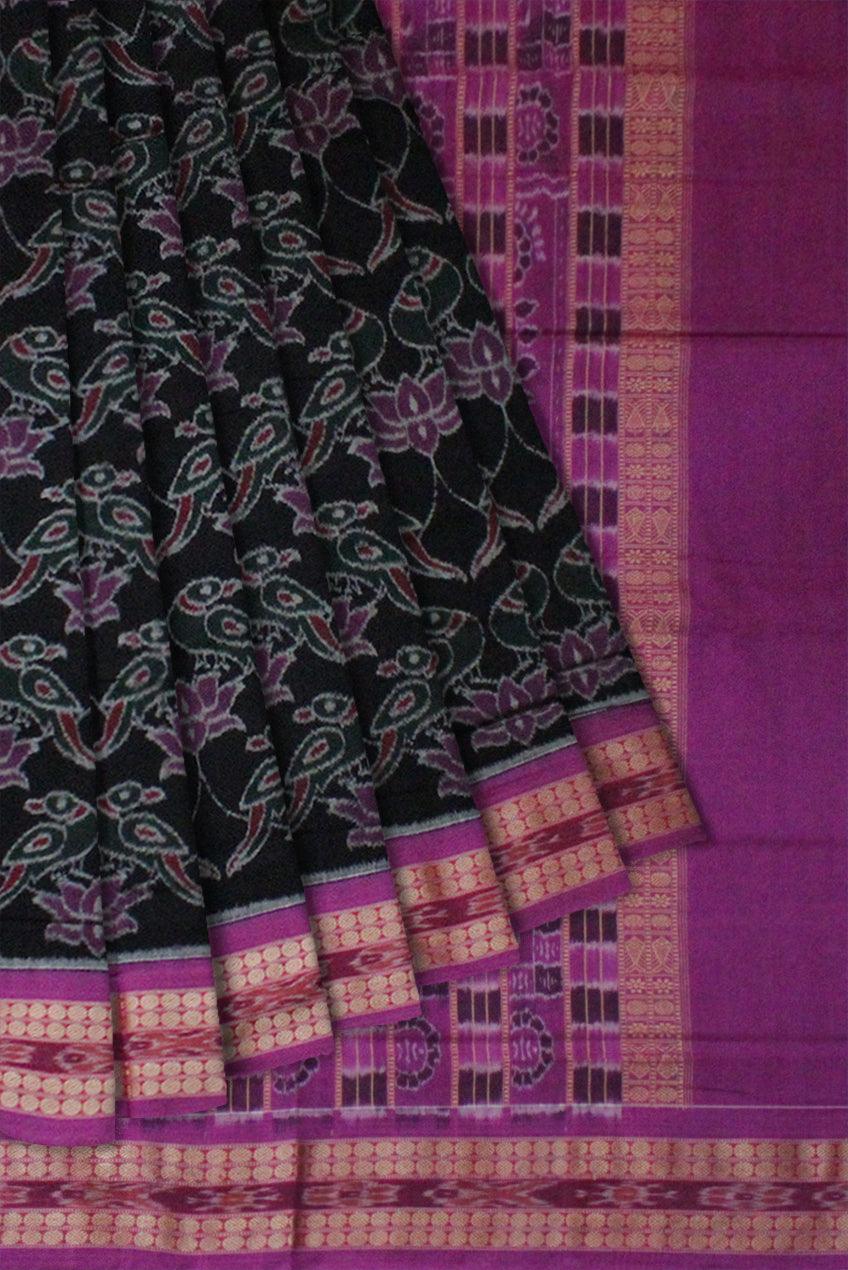 Lotus and Parrot design Sambalpuri cotton saree in Black color. - Koshali Arts & Crafts Enterprise