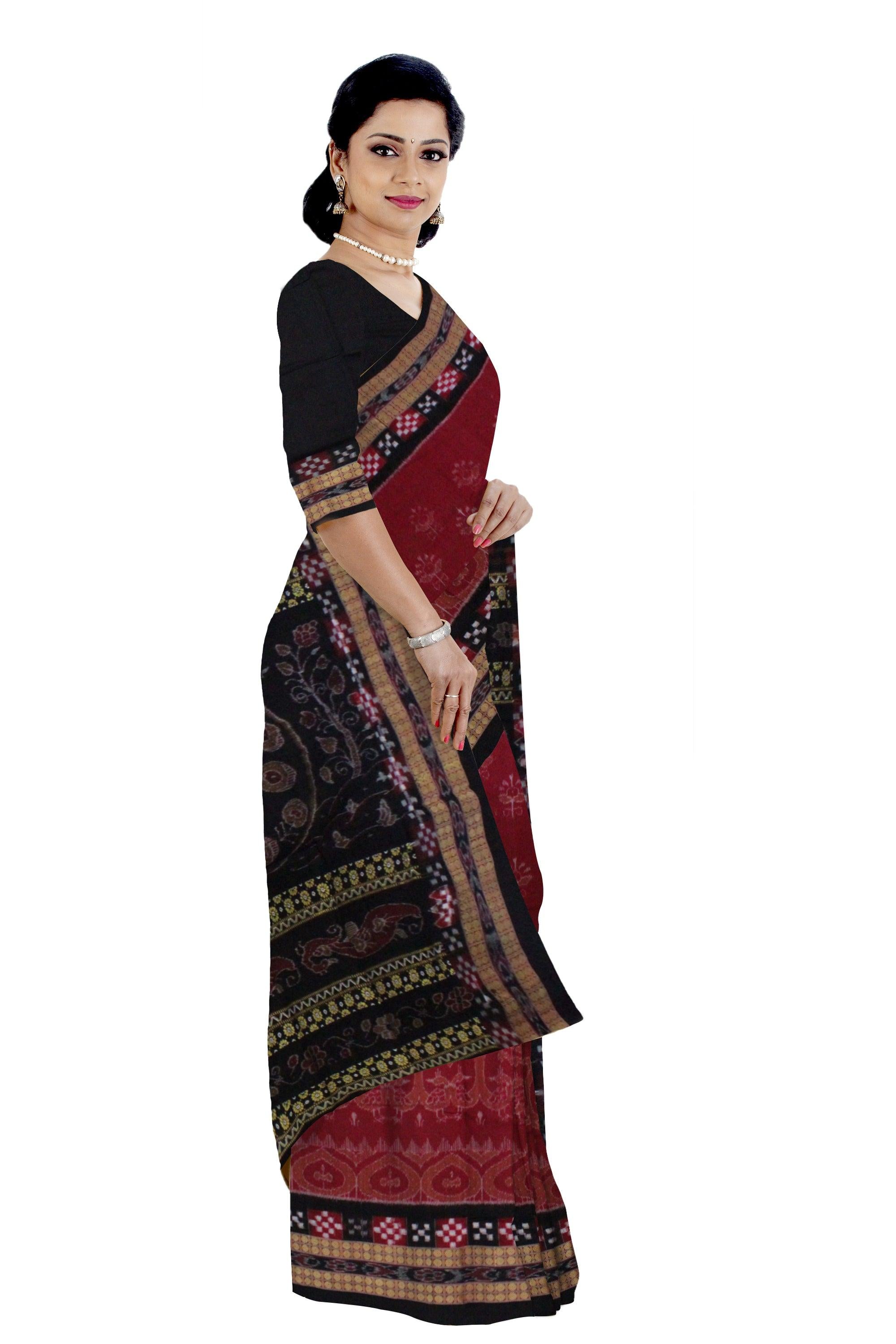 Pasapali design ,Peacock and Flower Pattern Sambaluri cotton saree in Maroon color - Koshali Arts & Crafts Enterprise