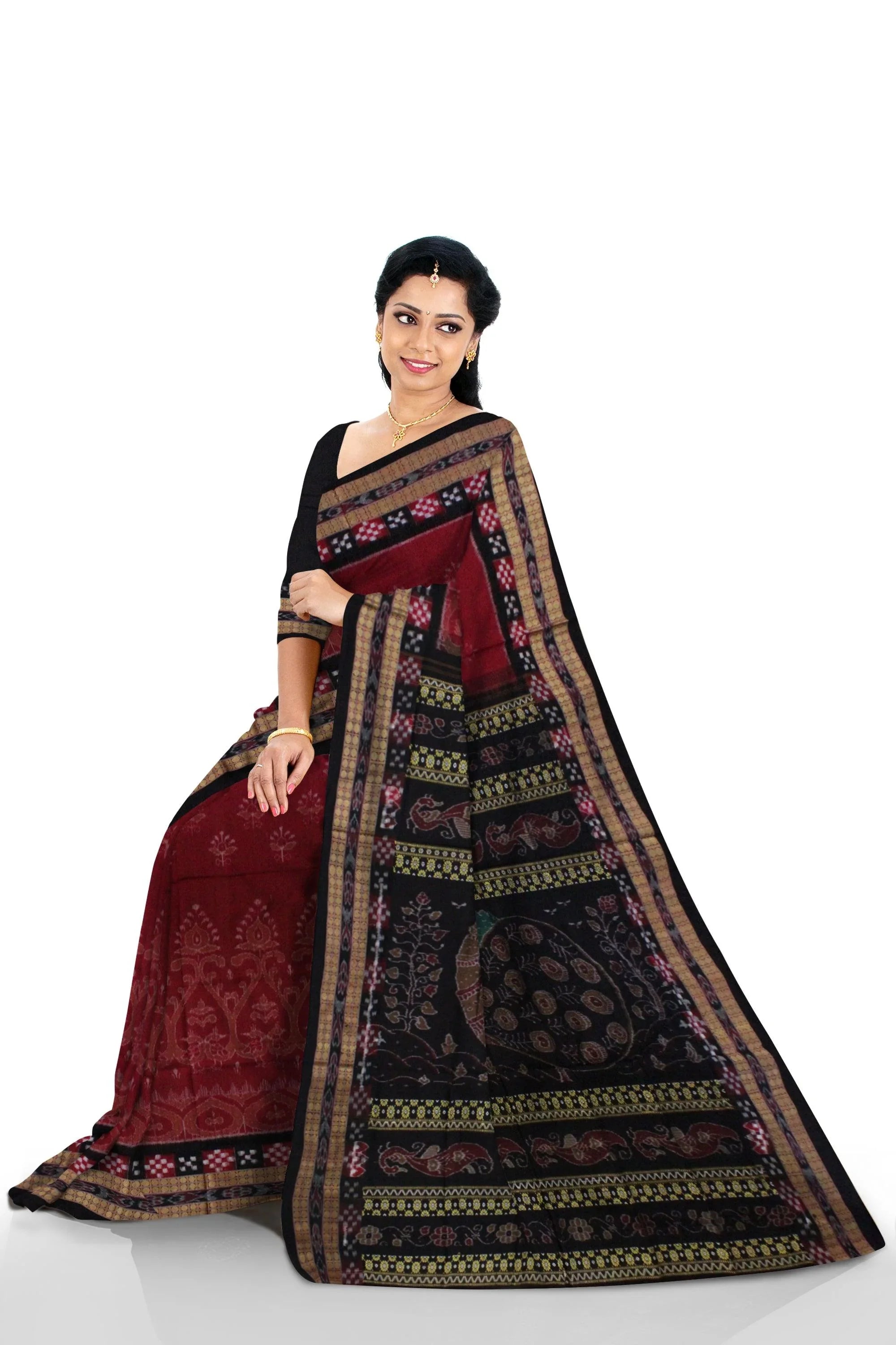 Pasapali design ,Peacock and Flower Pattern Sambaluri cotton saree in Maroon color - Koshali Arts & Crafts Enterprise