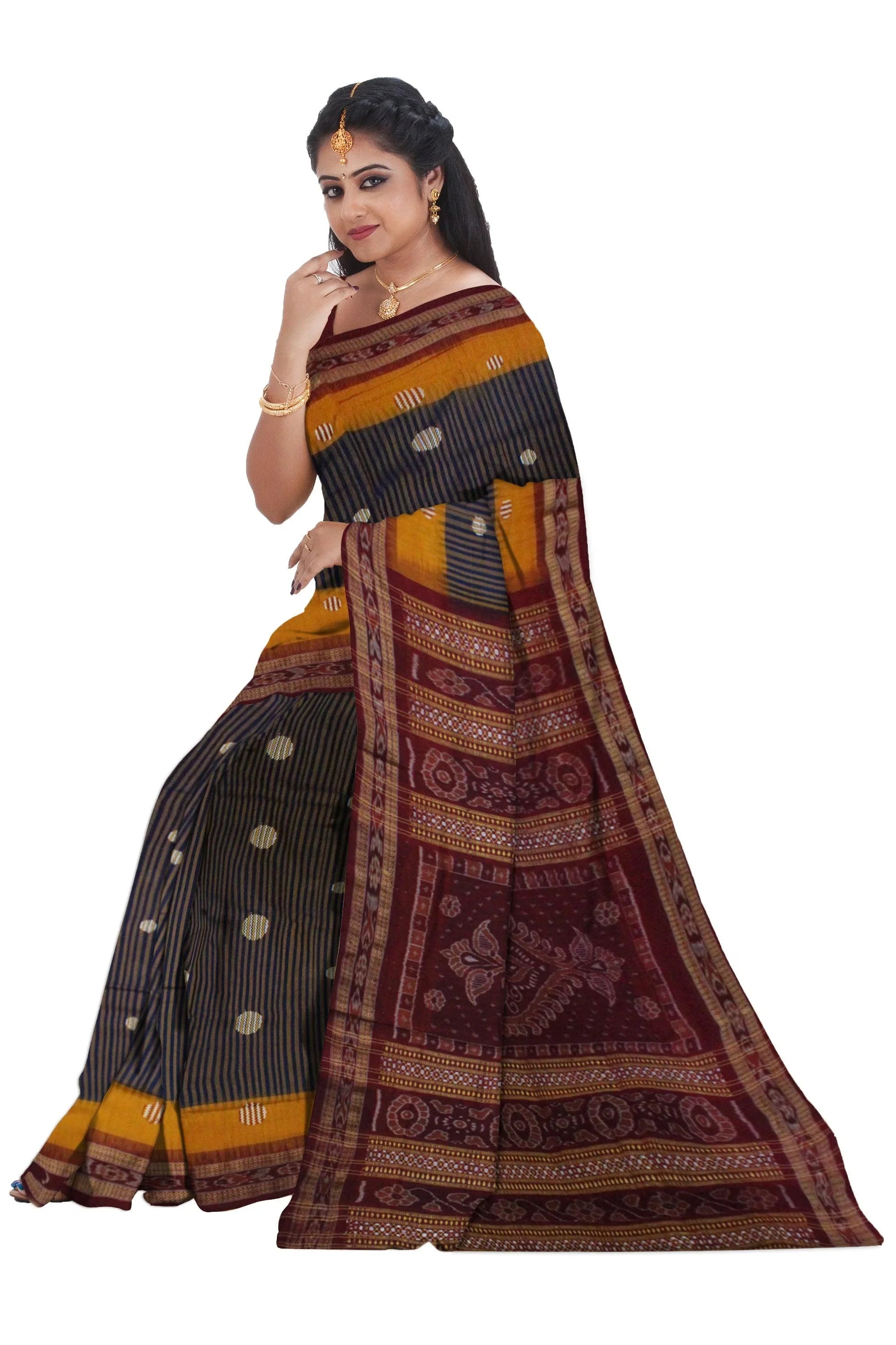 Peacock Blue color booty pattern Sambalpuri cotton saree, with blouse piece. - Koshali Arts & Crafts Enterprise