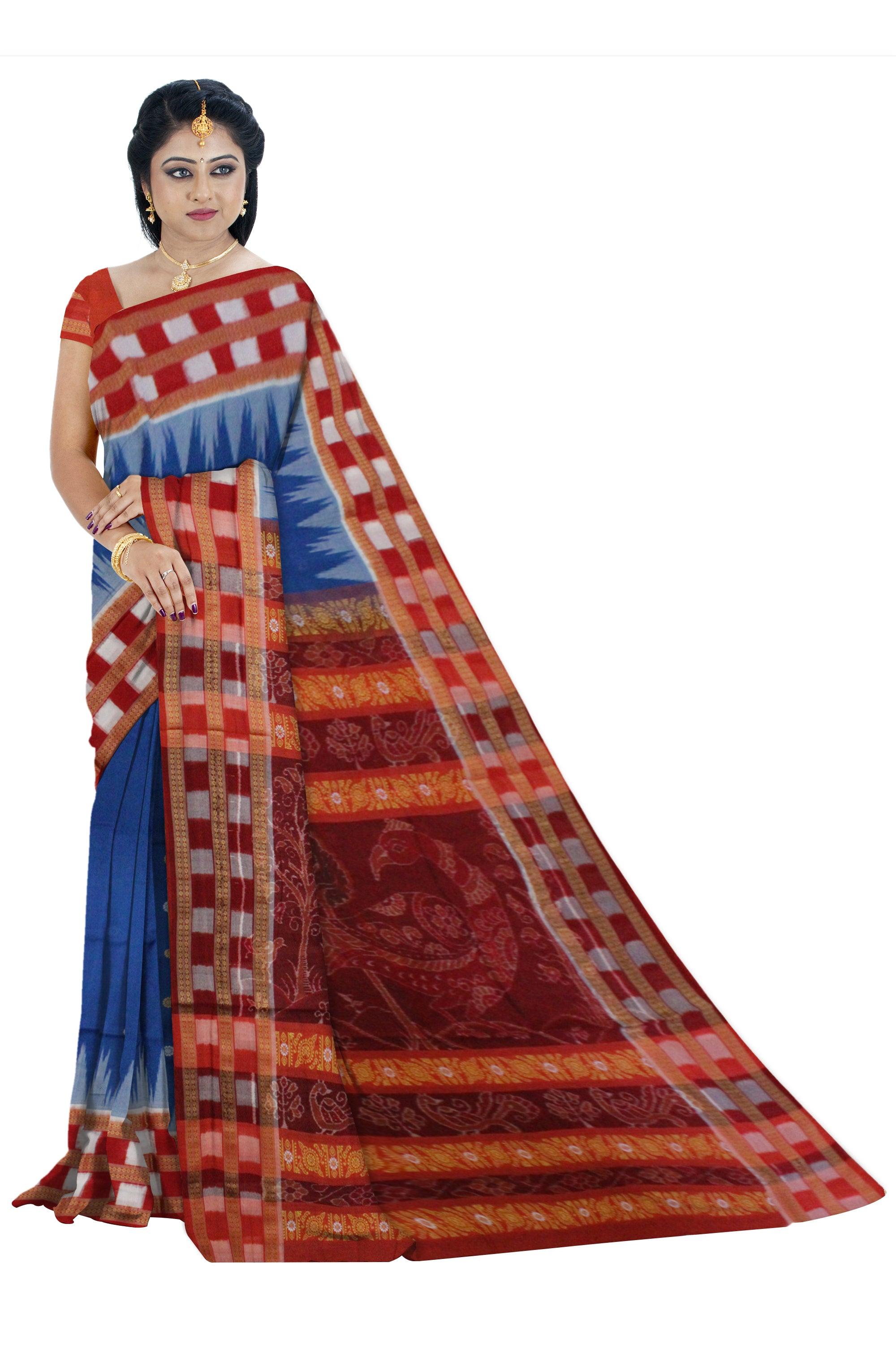 Bright Navy Blue Colour Samblapuri cotton saree in Dhadi milan design. - Koshali Arts & Crafts Enterprise