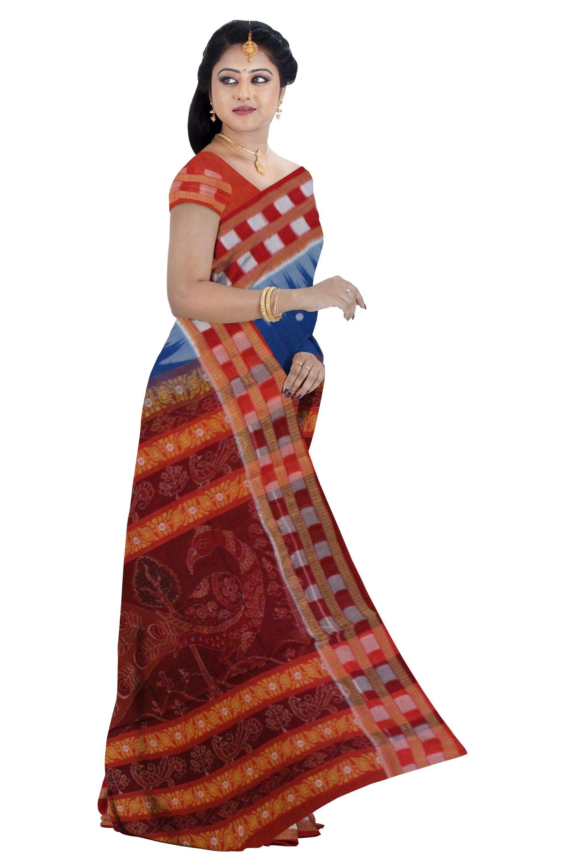 Bright Navy Blue Colour Samblapuri cotton saree in Dhadi milan design. - Koshali Arts & Crafts Enterprise