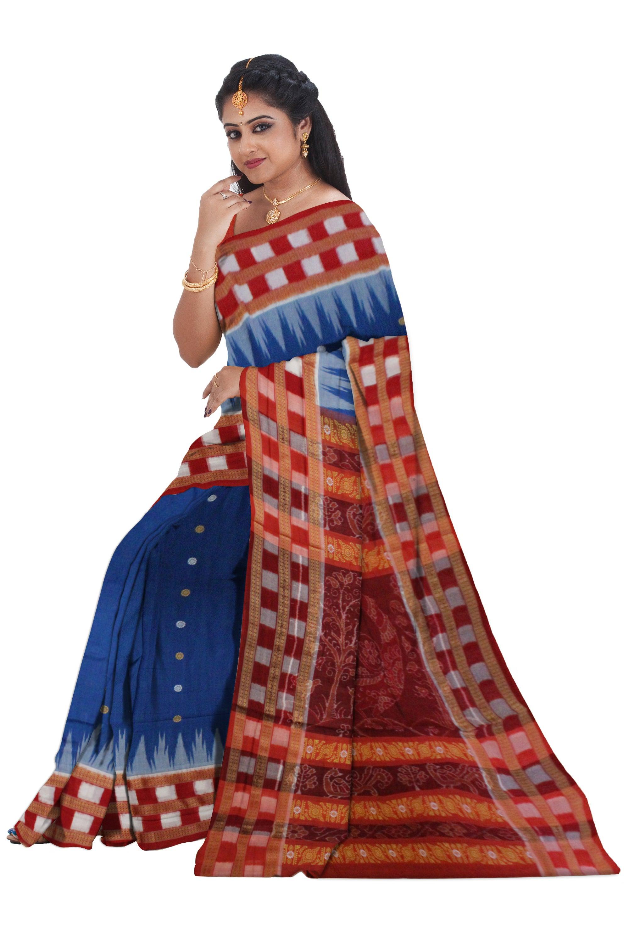 Bright Navy Blue Colour Samblapuri cotton saree in Dhadi milan design. - Koshali Arts & Crafts Enterprise
