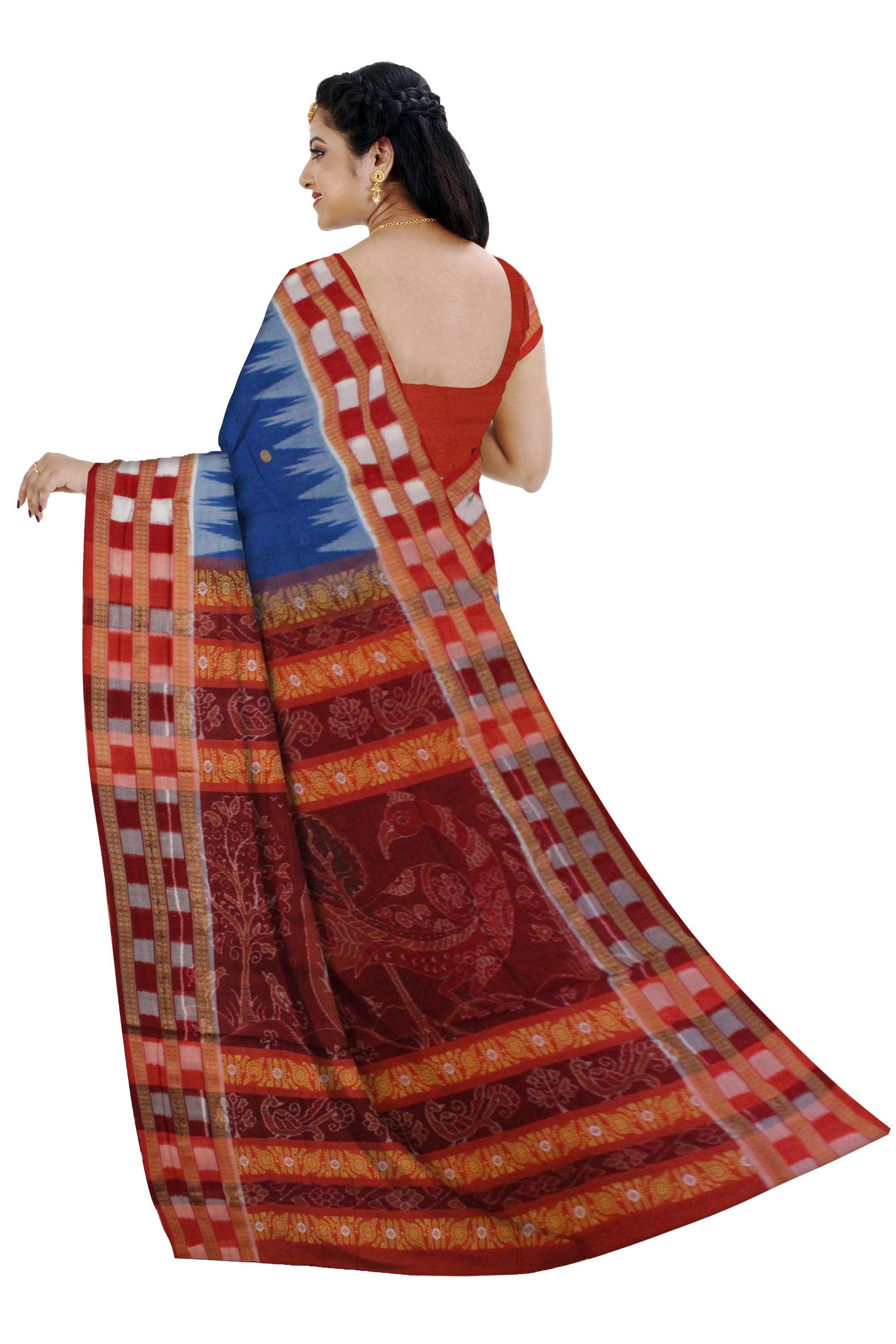 Bright Navy Blue Colour Samblapuri cotton saree in Dhadi milan design. - Koshali Arts & Crafts Enterprise