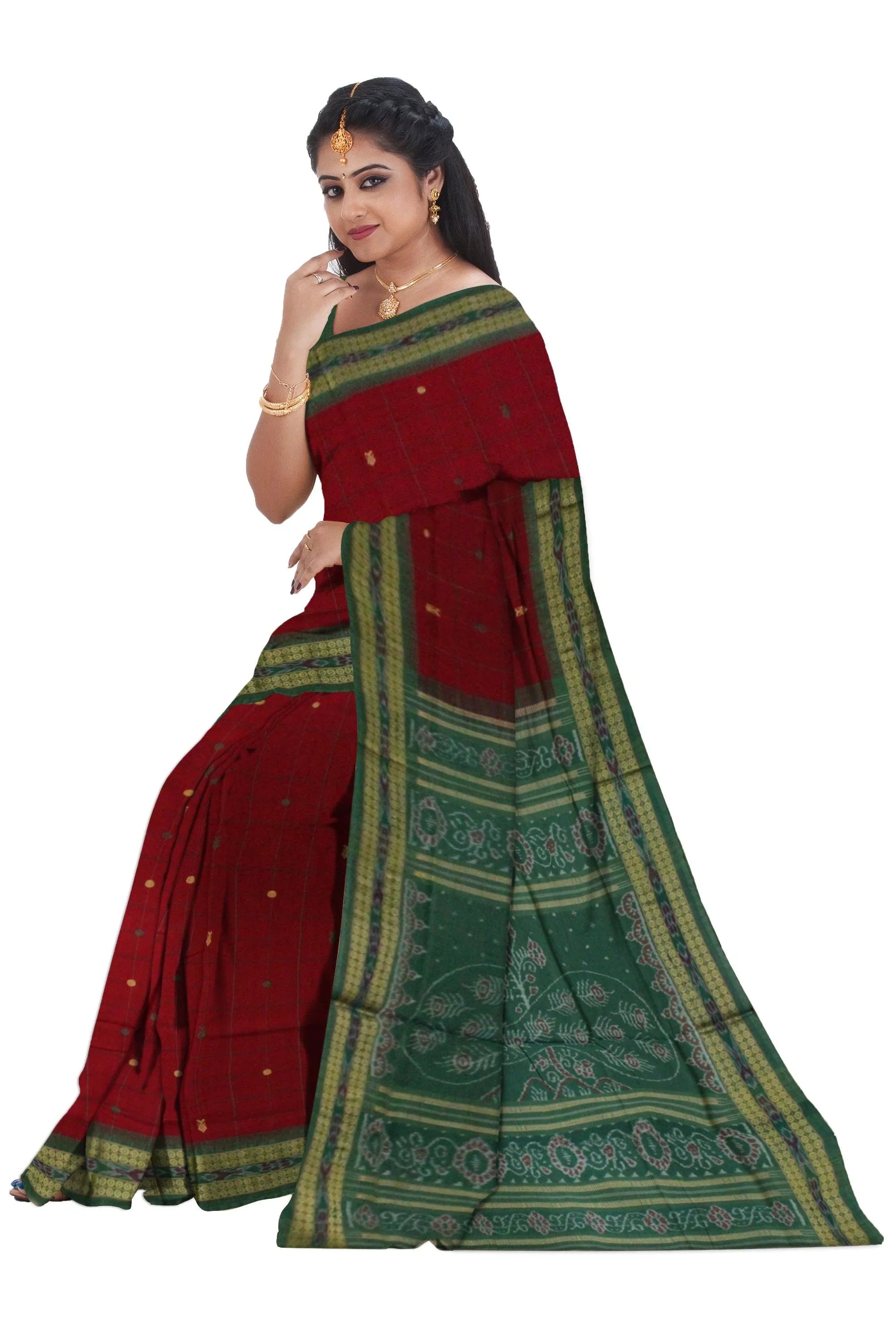 Maroon Colour Samblapuri cotton saree in Bomkai design. - Koshali Arts & Crafts Enterprise