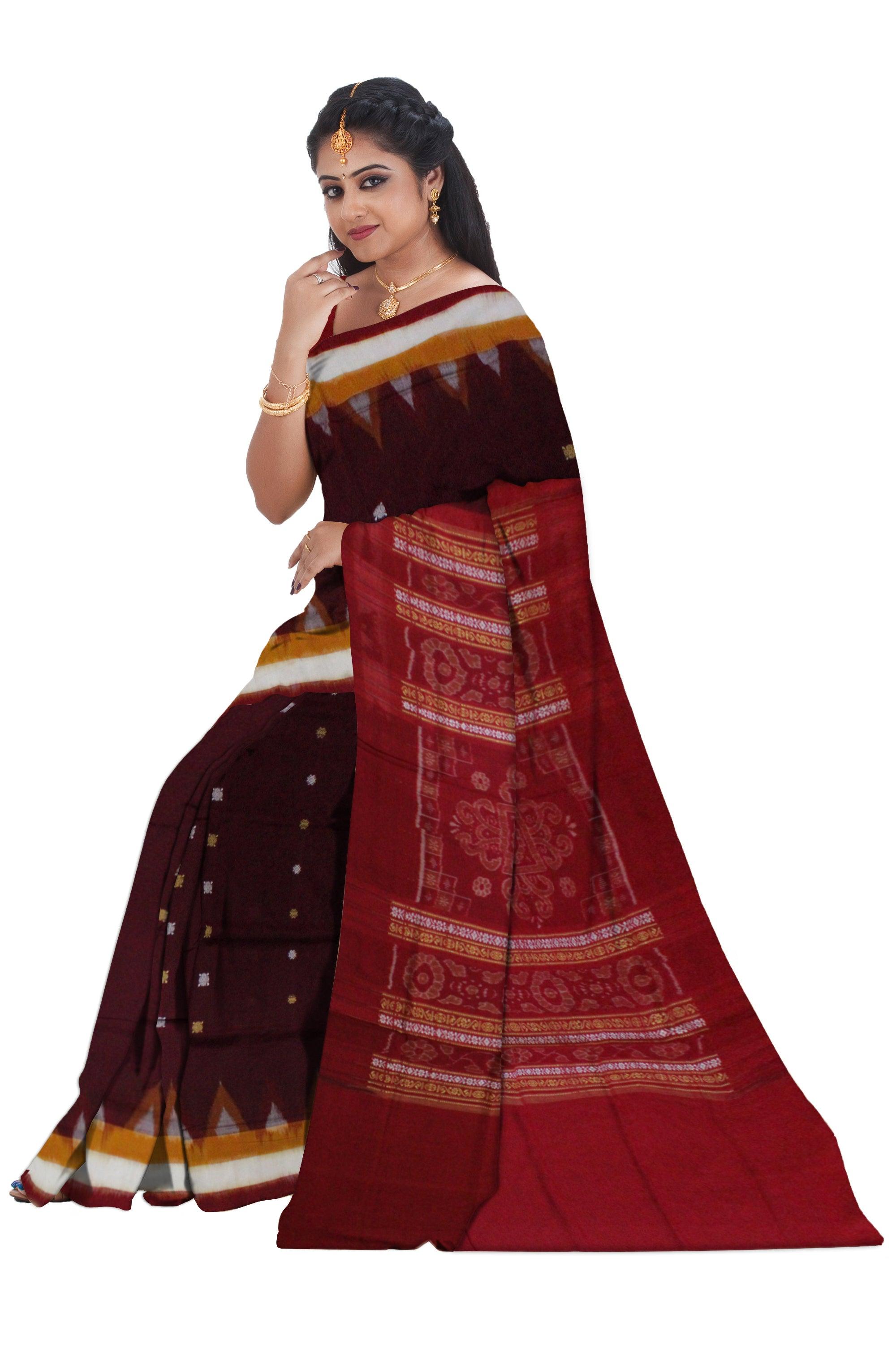 Dark Maroon Colour Booty Pattern Samblapuri cotton saree in Bomkai design. - Koshali Arts & Crafts Enterprise