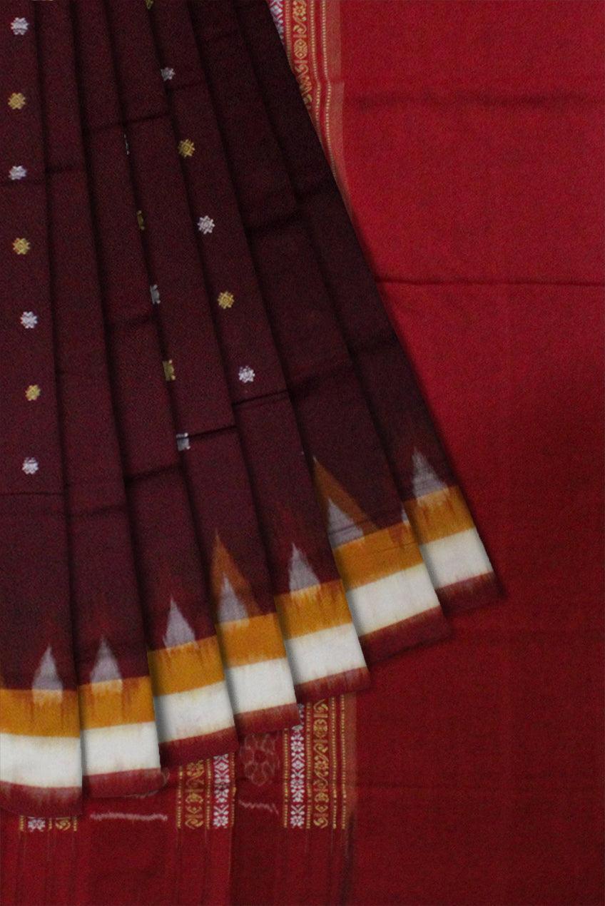Dark Maroon Colour Booty Pattern Samblapuri cotton saree in Bomkai design. - Koshali Arts & Crafts Enterprise