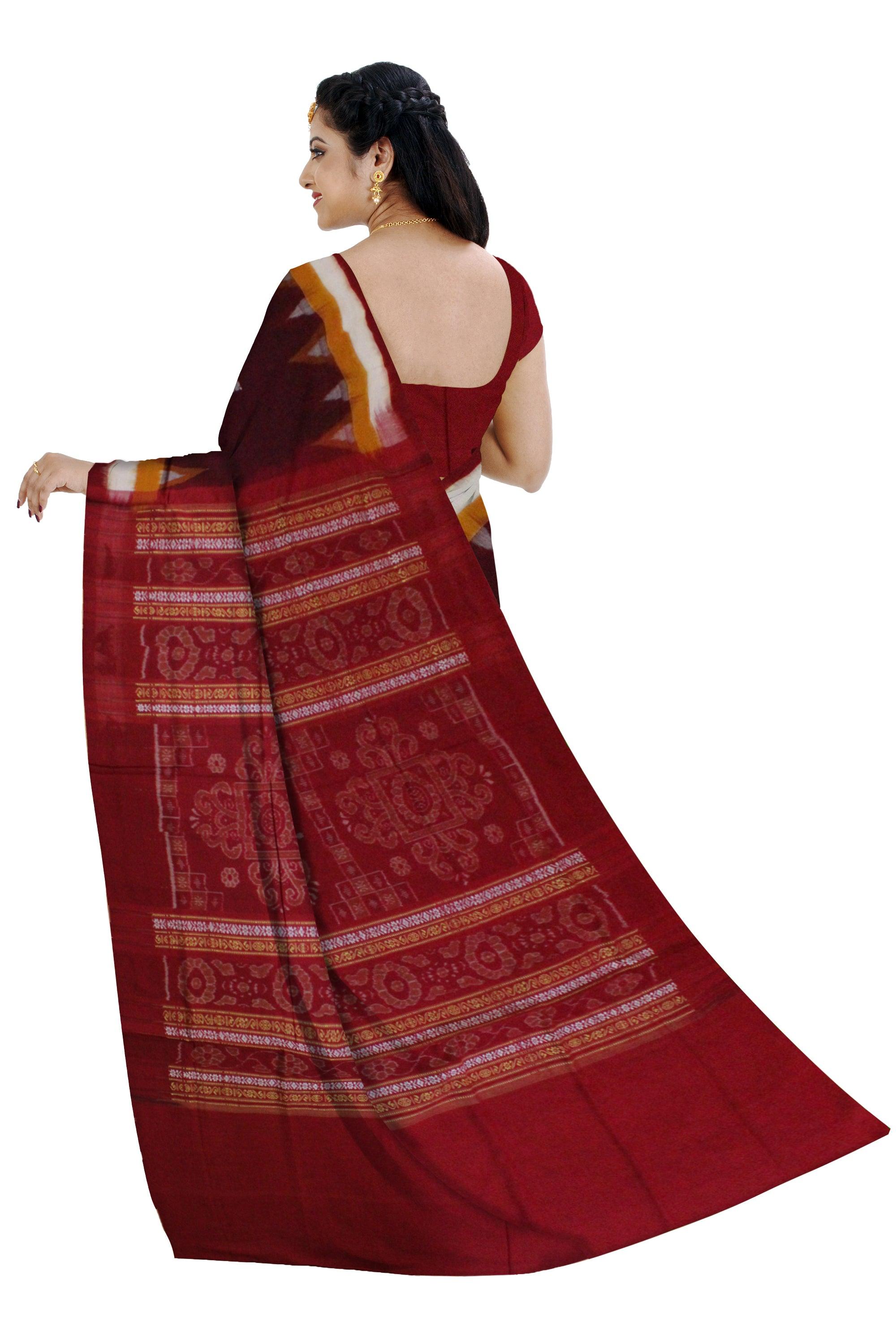 Dark Maroon Colour Booty Pattern Samblapuri cotton saree in Bomkai design. - Koshali Arts & Crafts Enterprise
