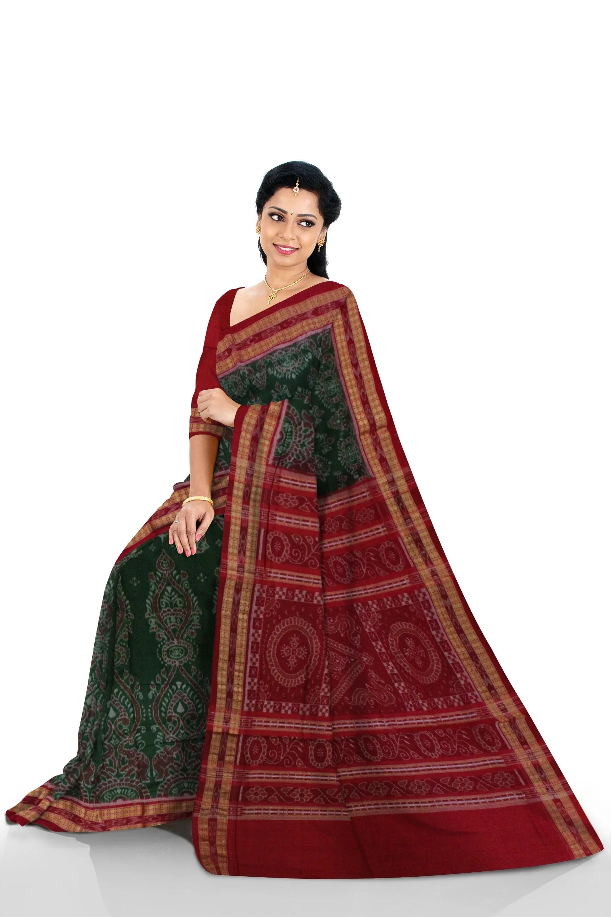 Sambalpuri Cotton Saree in traditional ikat design in body in Green Colour - Koshali Arts & Crafts Enterprise