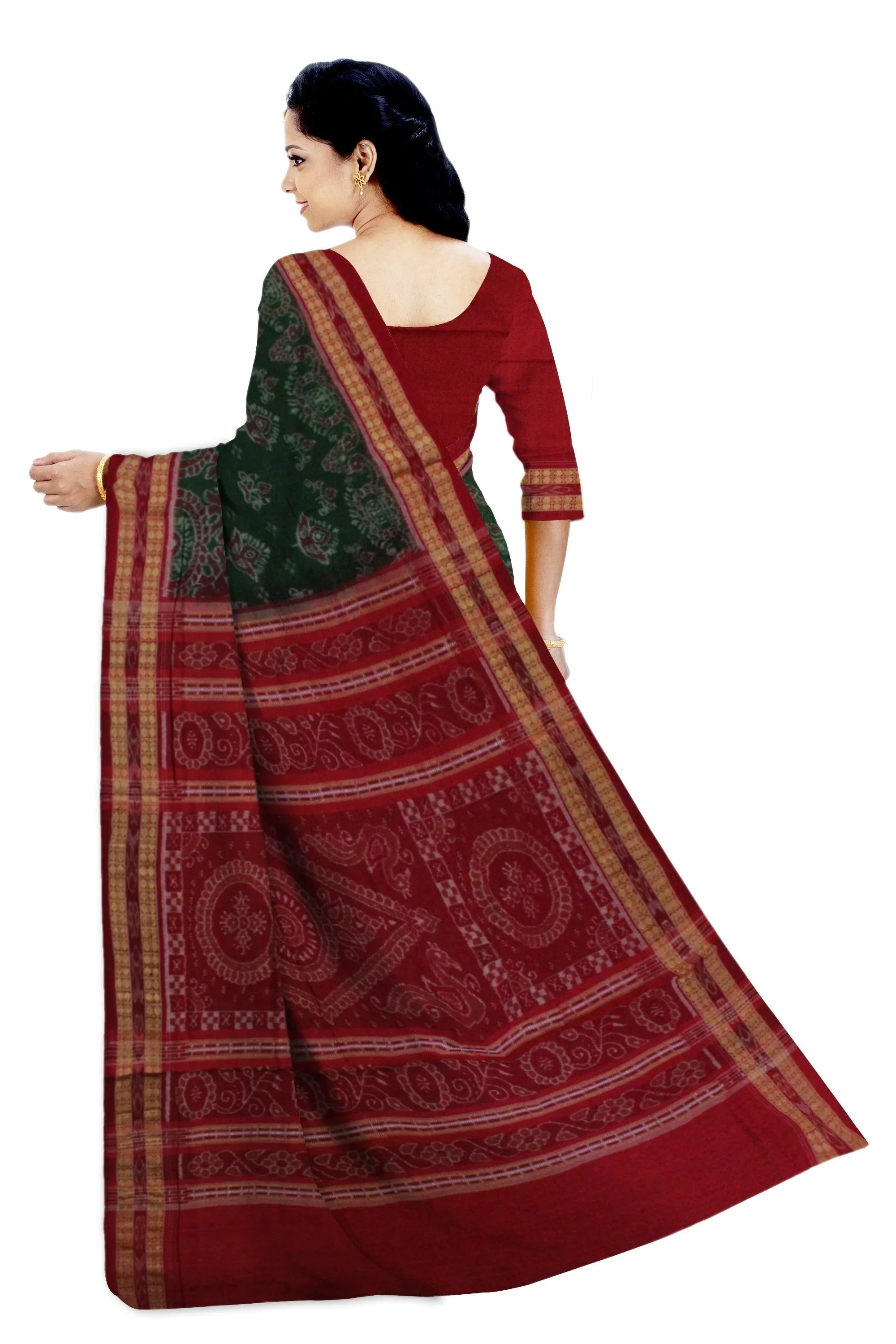 Sambalpuri Cotton Saree in traditional ikat design in body in Green Colour - Koshali Arts & Crafts Enterprise