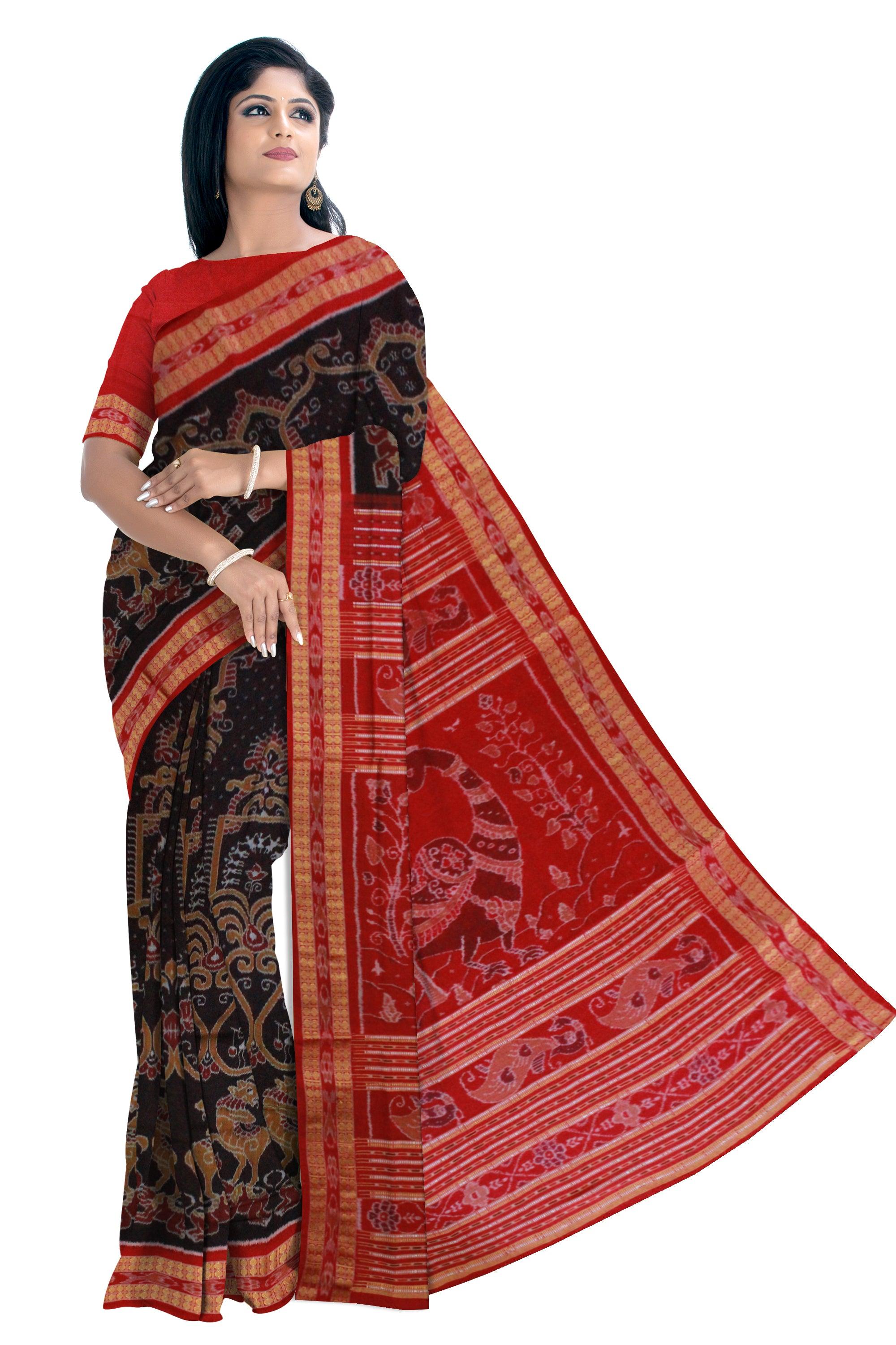 Sambalpuri Cotton Saree in Elephant, Horse and Lotus design in body in Coffee Colour - Koshali Arts & Crafts Enterprise