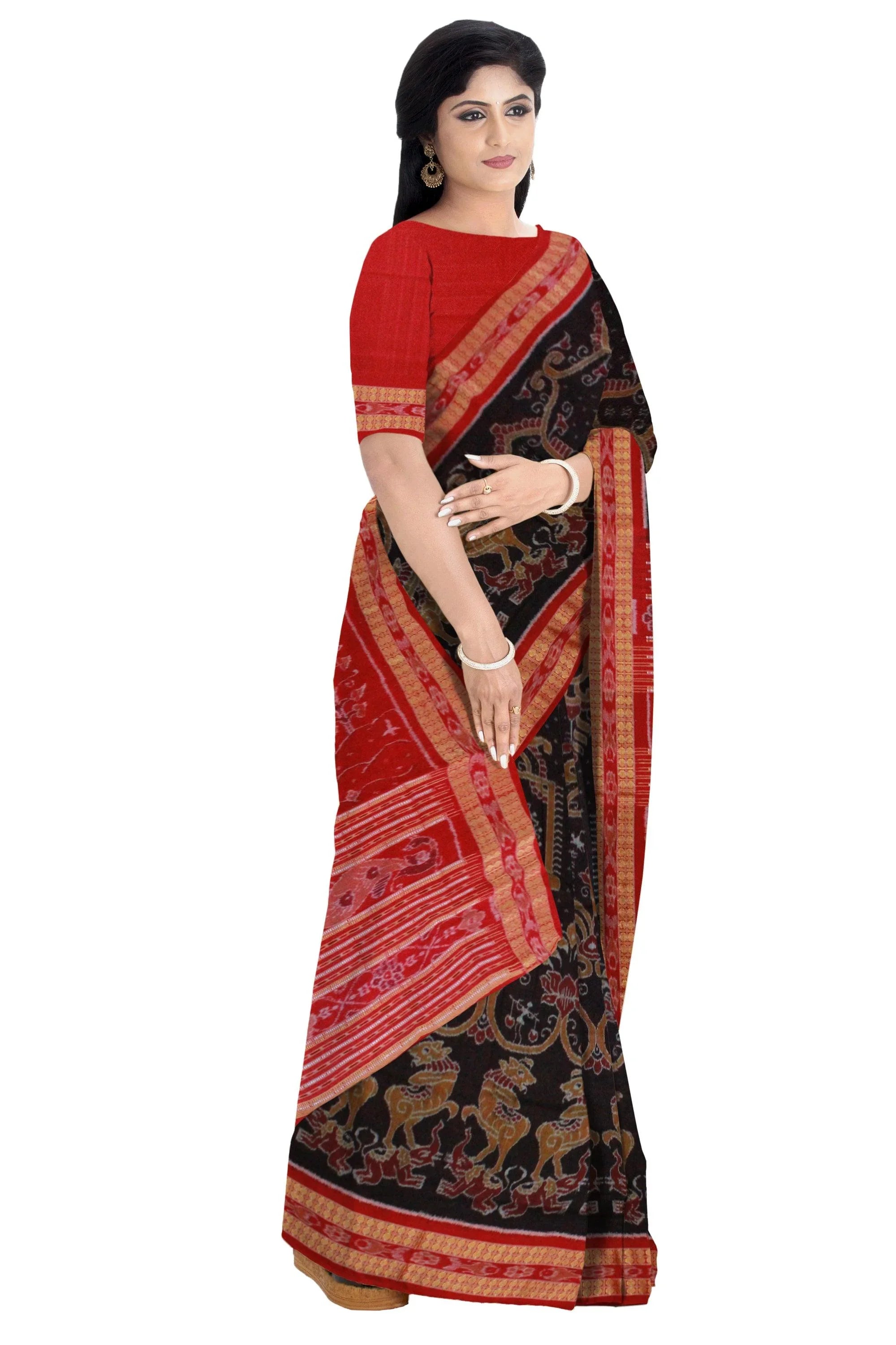 Sambalpuri Cotton Saree in Elephant, Horse and Lotus design in body in Coffee Colour - Koshali Arts & Crafts Enterprise