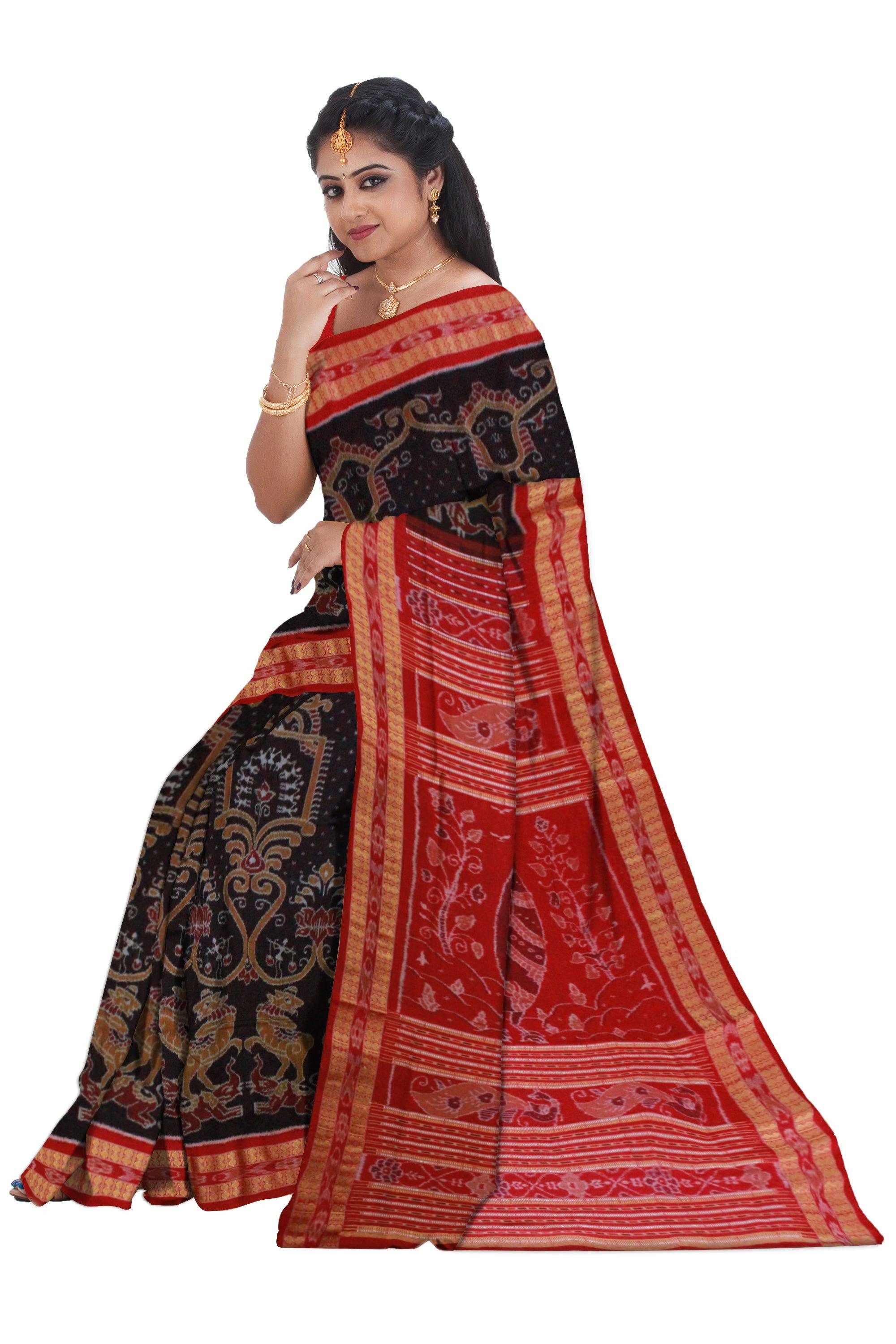 Sambalpuri Cotton Saree in Elephant, Horse and Lotus design in body in Coffee Colour - Koshali Arts & Crafts Enterprise