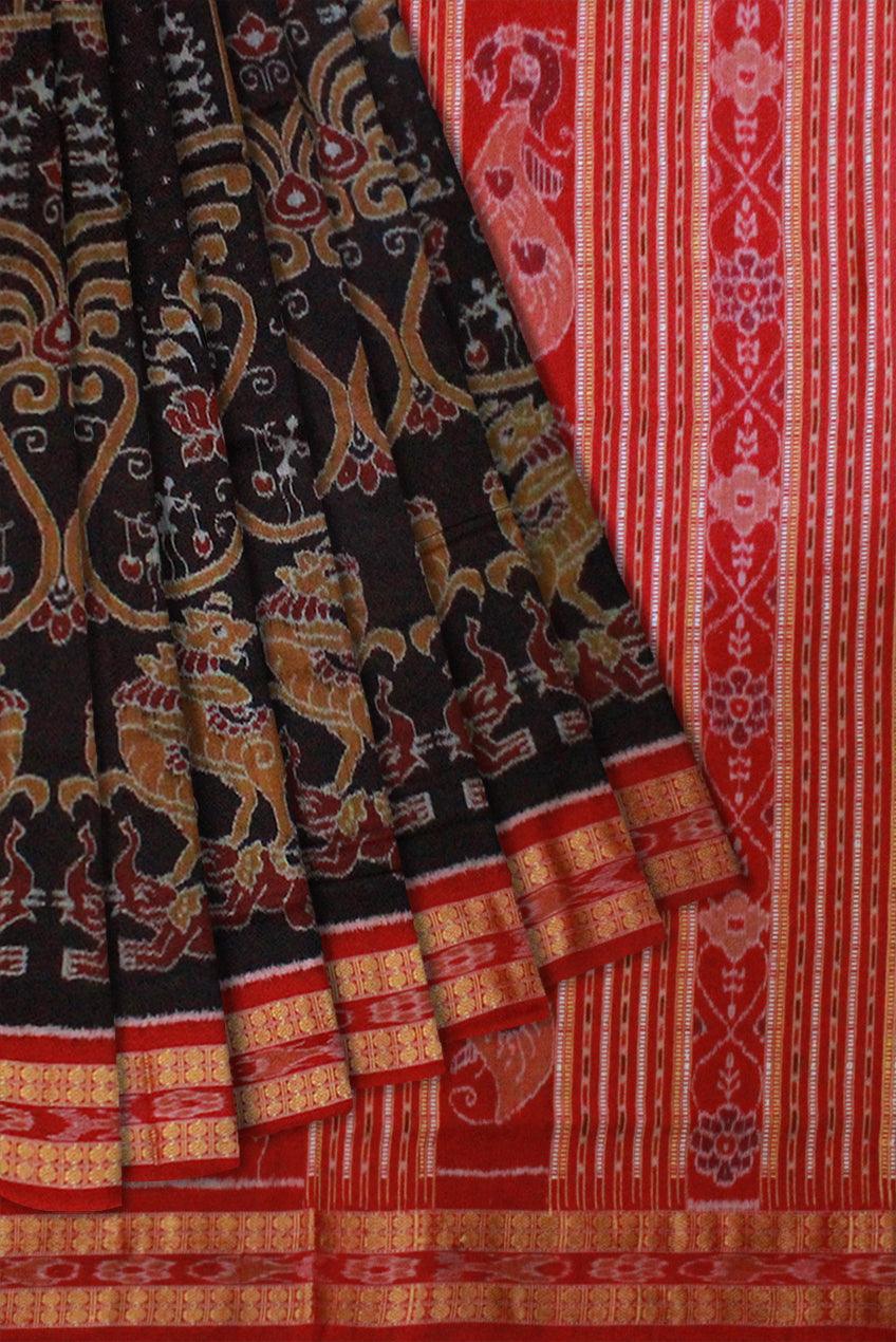 Sambalpuri Cotton Saree in Elephant, Horse and Lotus design in body in Coffee Colour - Koshali Arts & Crafts Enterprise