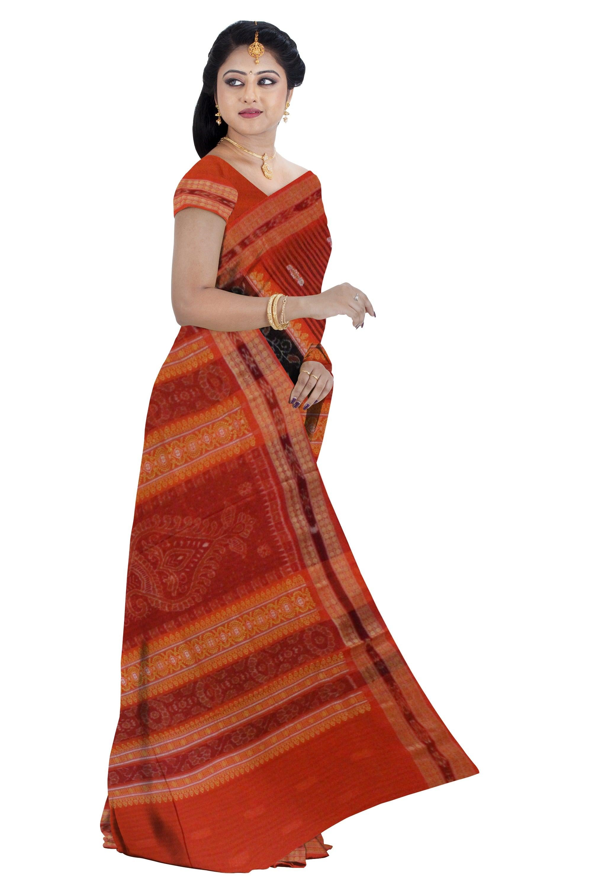 Sambalpuri Cotton Saree in Mayurika and Booty design in body in Black and Orange Colour - Koshali Arts & Crafts Enterprise