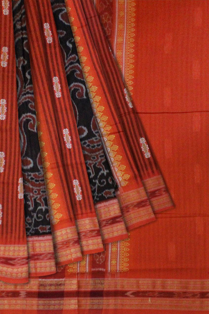 Sambalpuri Cotton Saree in Mayurika and Booty design in body in Black and Orange Colour - Koshali Arts & Crafts Enterprise