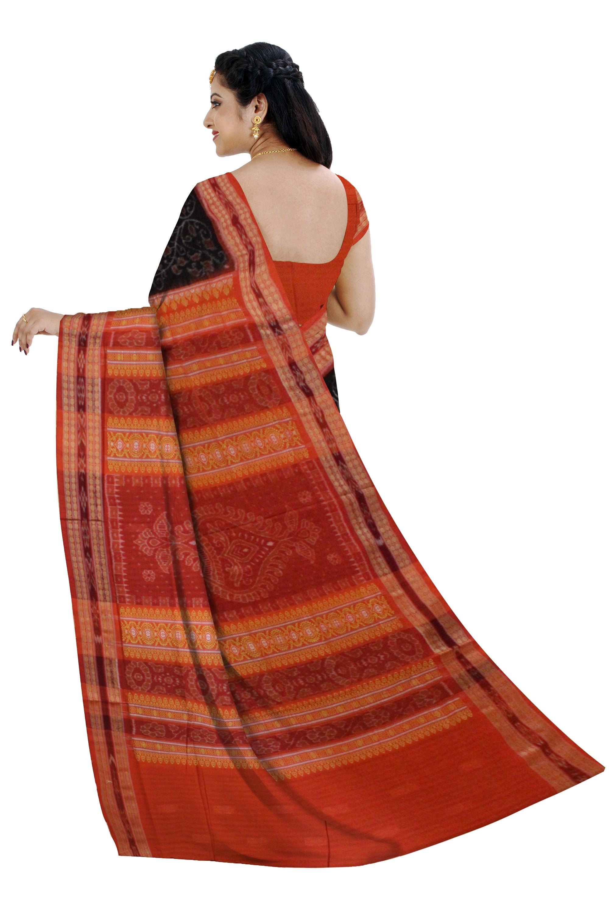 Sambalpuri Cotton Saree in Mayurika and Booty design in body in Black and Orange Colour - Koshali Arts & Crafts Enterprise