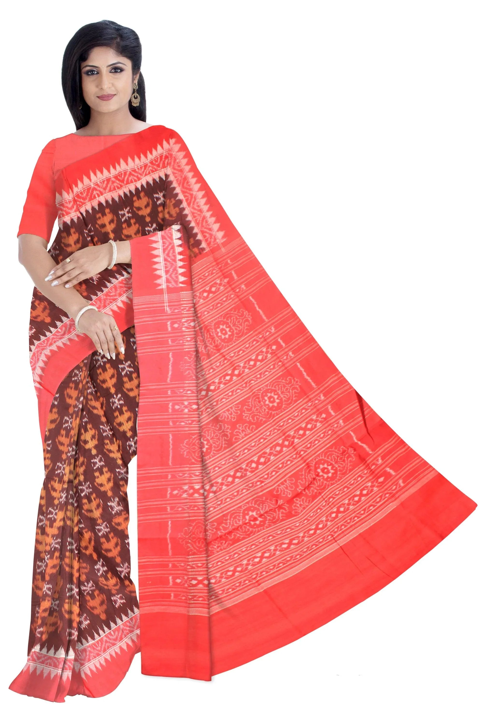 Sambalpuri Cotton Saree in leaves pattern in body in brown and red Color. - Koshali Arts & Crafts Enterprise