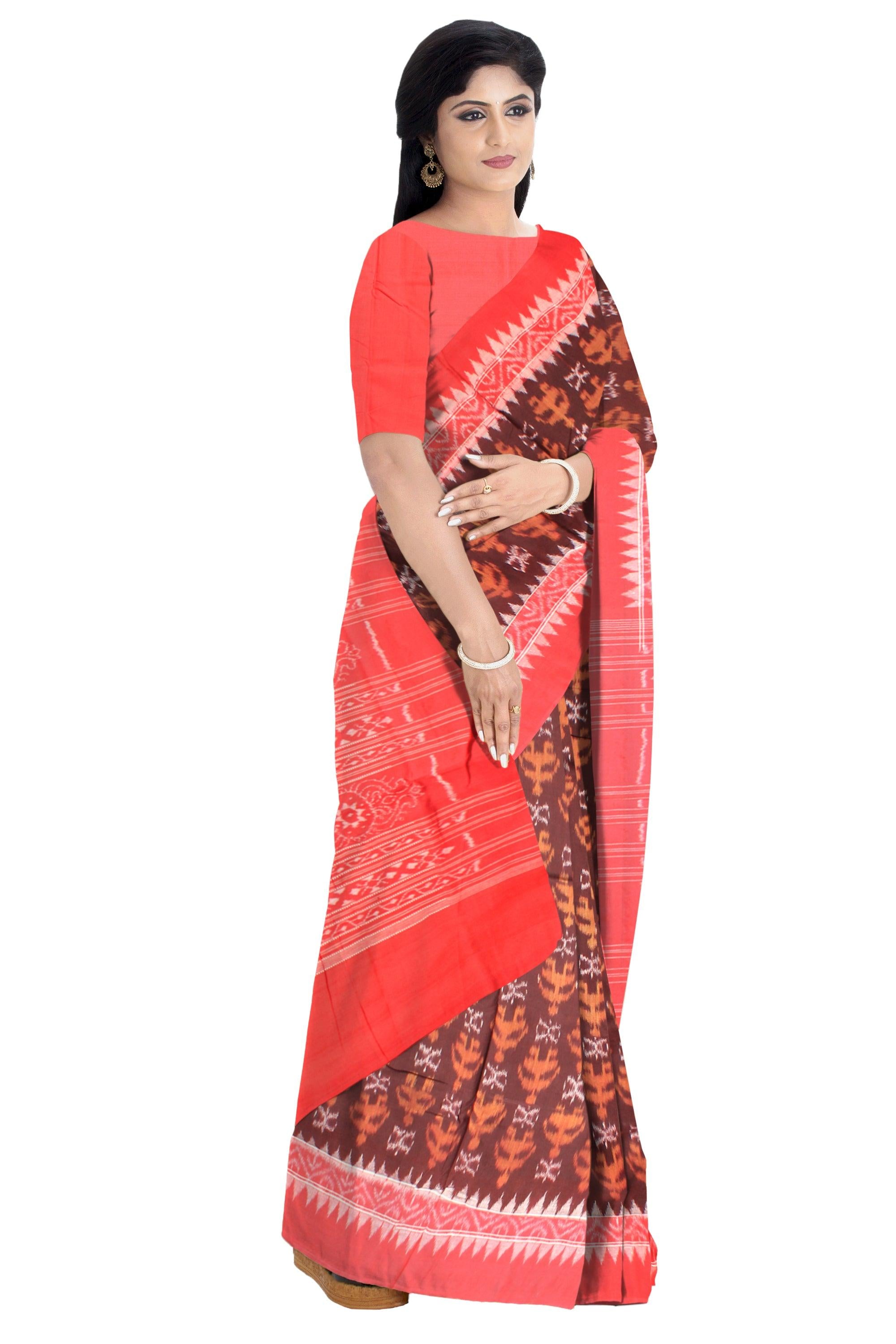 Sambalpuri Cotton Saree in leaves pattern in body in brown and red Color. - Koshali Arts & Crafts Enterprise