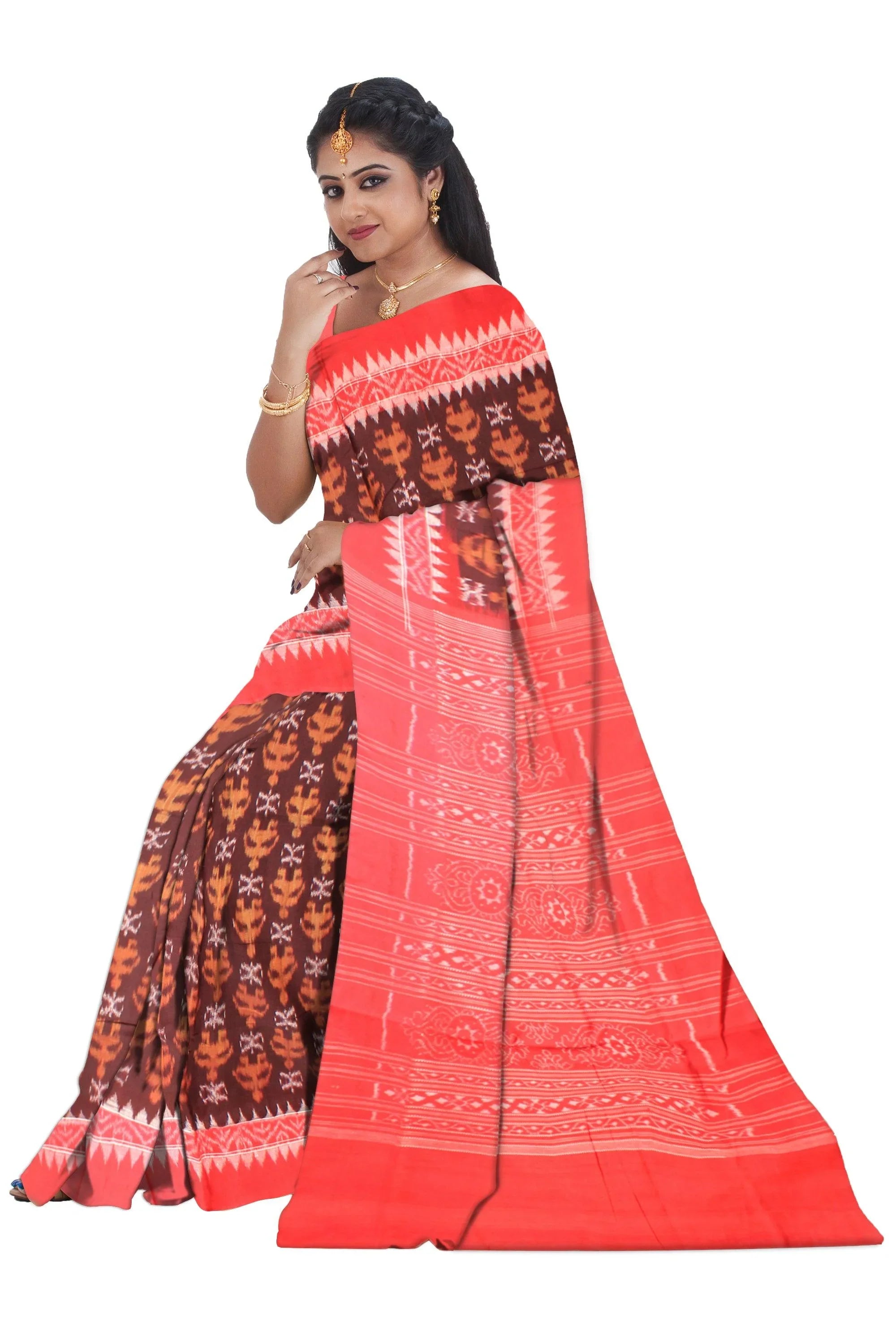 Sambalpuri Cotton Saree in leaves pattern in body in brown and red Color. - Koshali Arts & Crafts Enterprise