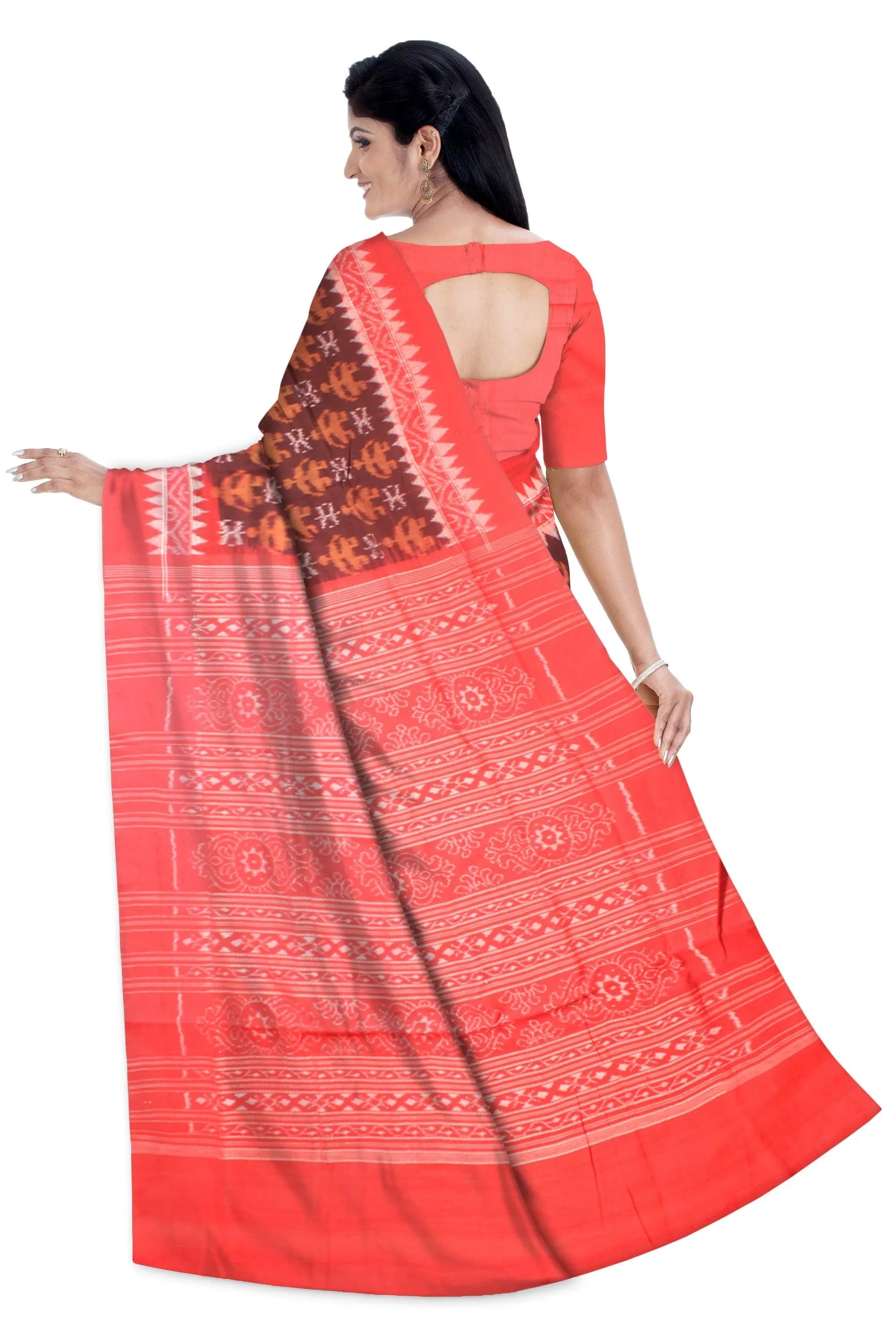 Sambalpuri Cotton Saree in leaves pattern in body in brown and red Color. - Koshali Arts & Crafts Enterprise