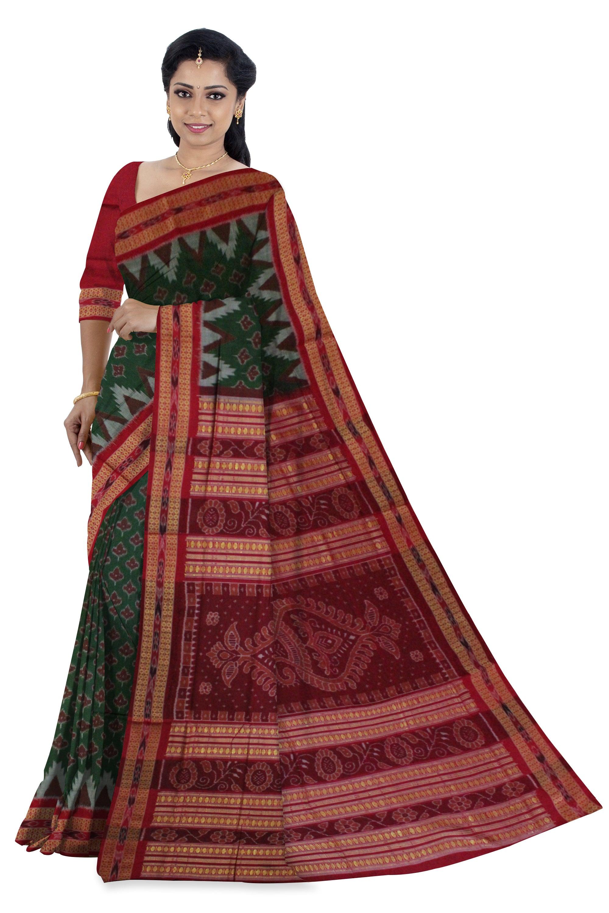 Sambalpuri Cotton Saree in  leaf pattern in body in  Green Colour - Koshali Arts & Crafts Enterprise
