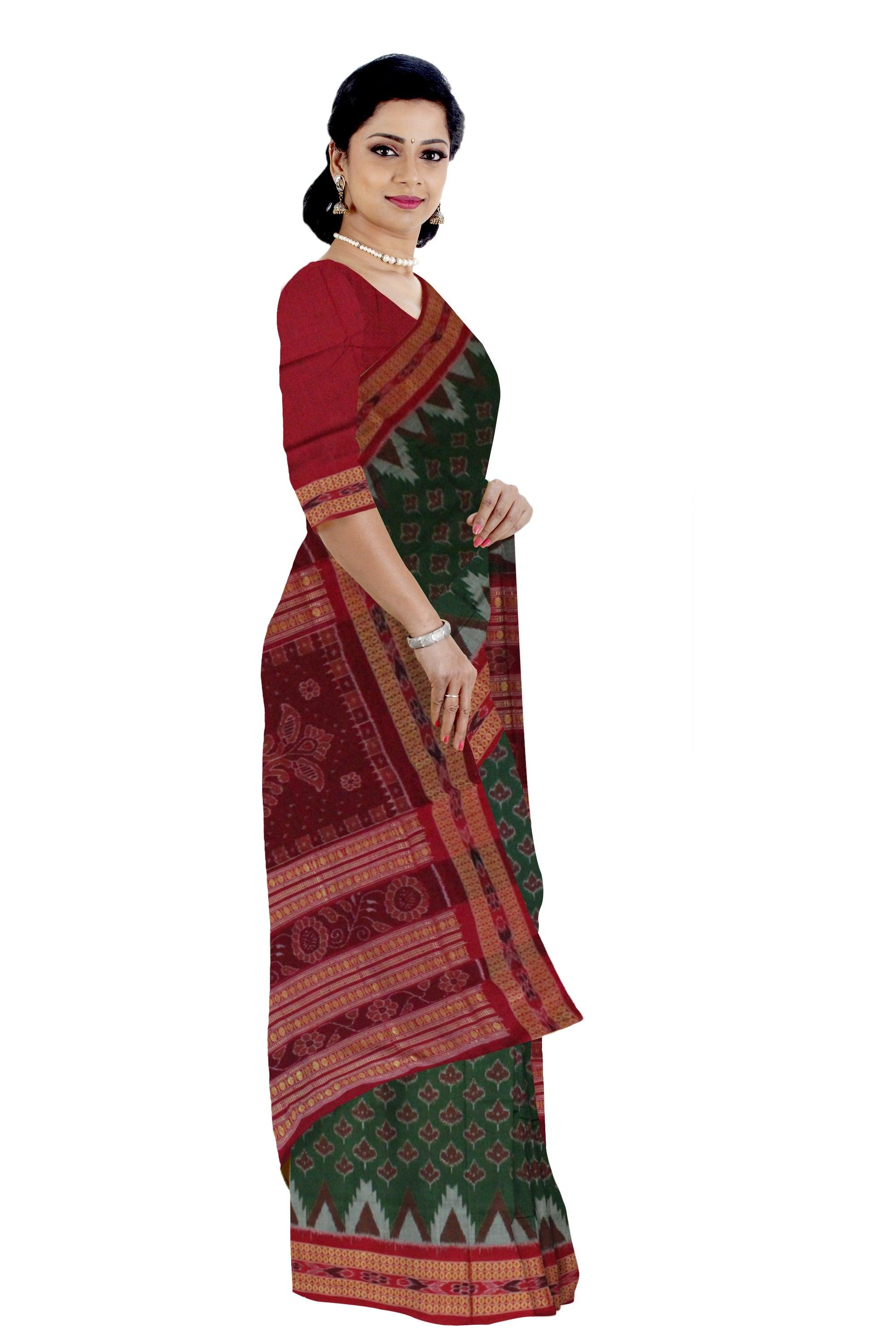 Sambalpuri Cotton Saree in leaf pattern in body in Green Colour - Koshali Arts & Crafts Enterprise