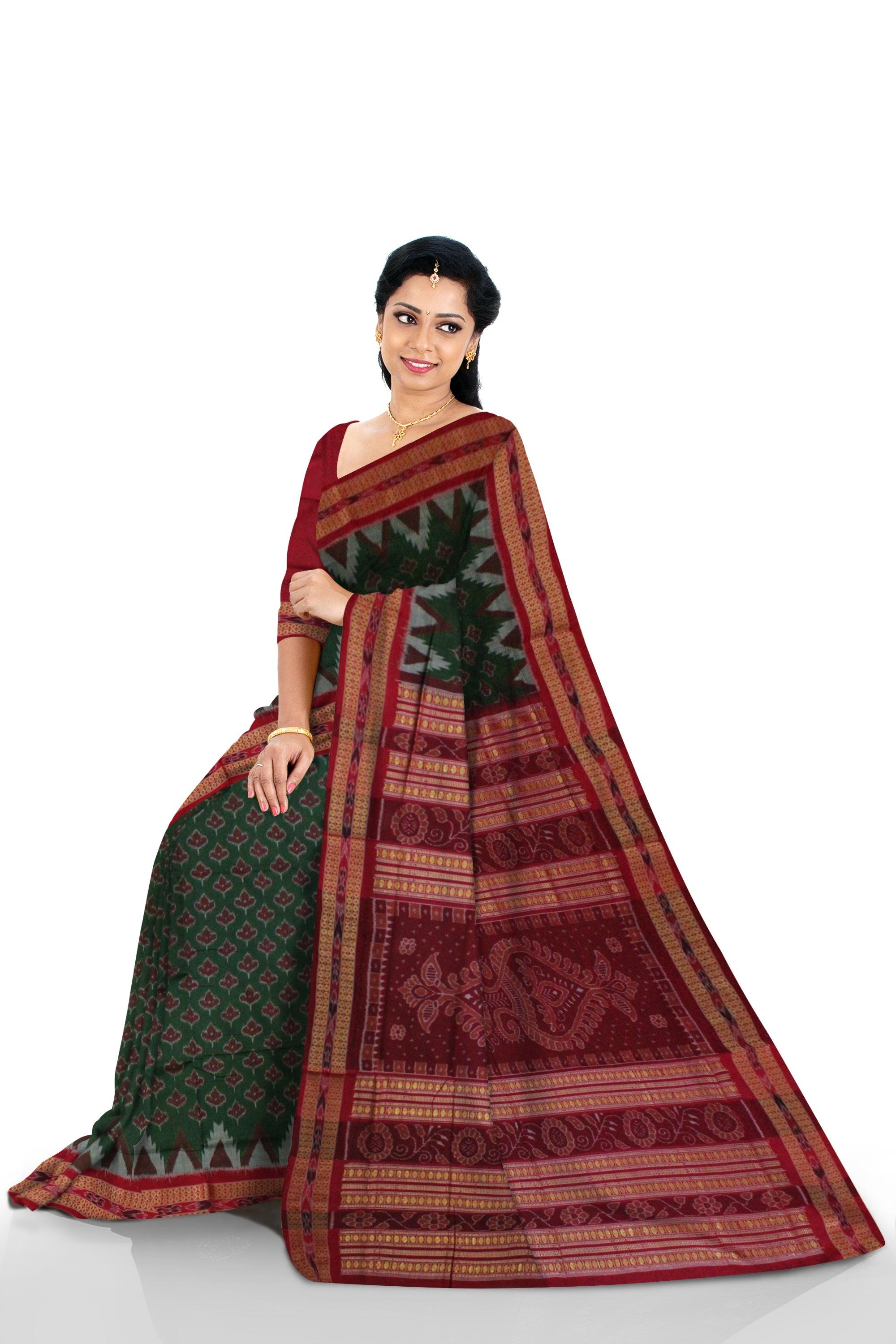 Sambalpuri Cotton Saree in  leaf pattern in body in  Green Colour - Koshali Arts & Crafts Enterprise