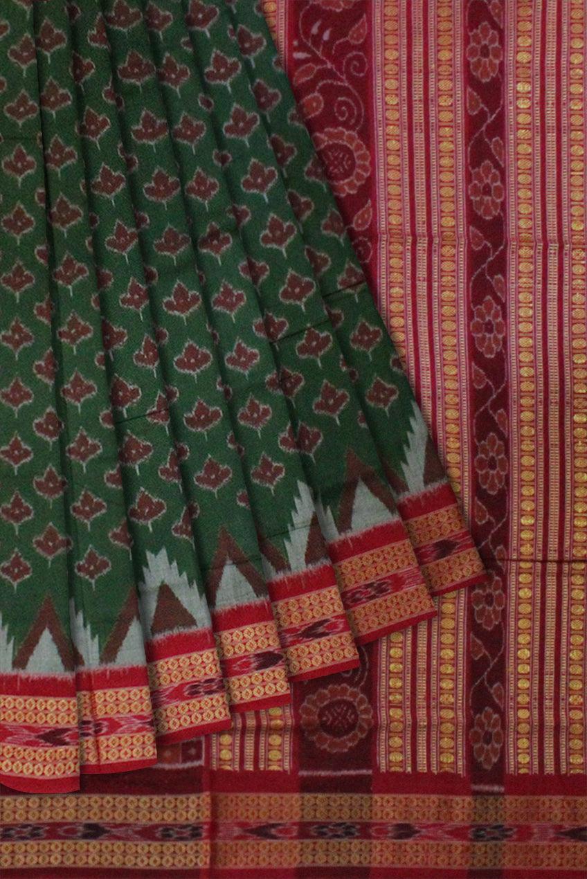 Sambalpuri Cotton Saree in  leaf pattern in body in  Green Colour - Koshali Arts & Crafts Enterprise