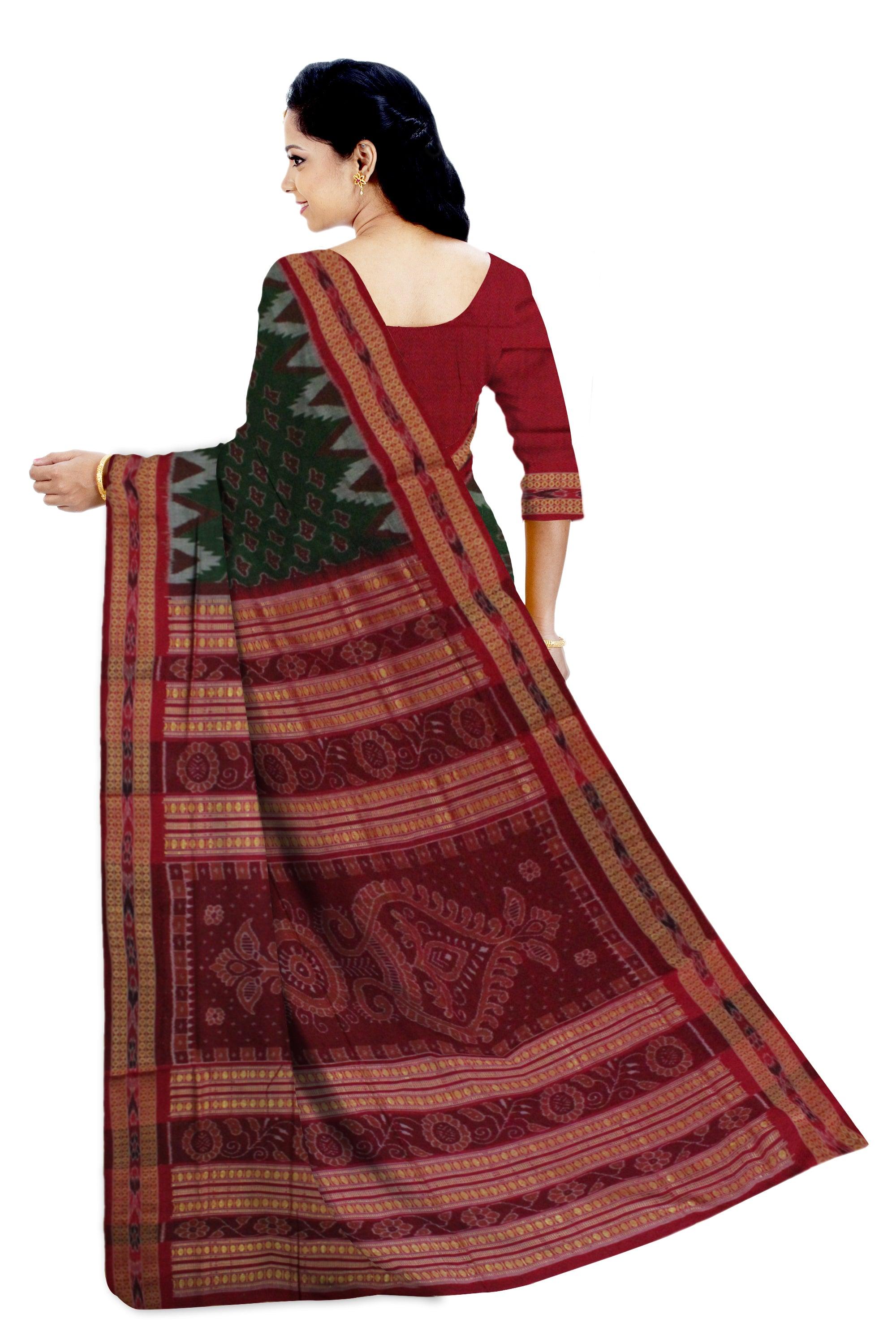 Sambalpuri Cotton Saree in leaf pattern in body in Green Colour - Koshali Arts & Crafts Enterprise