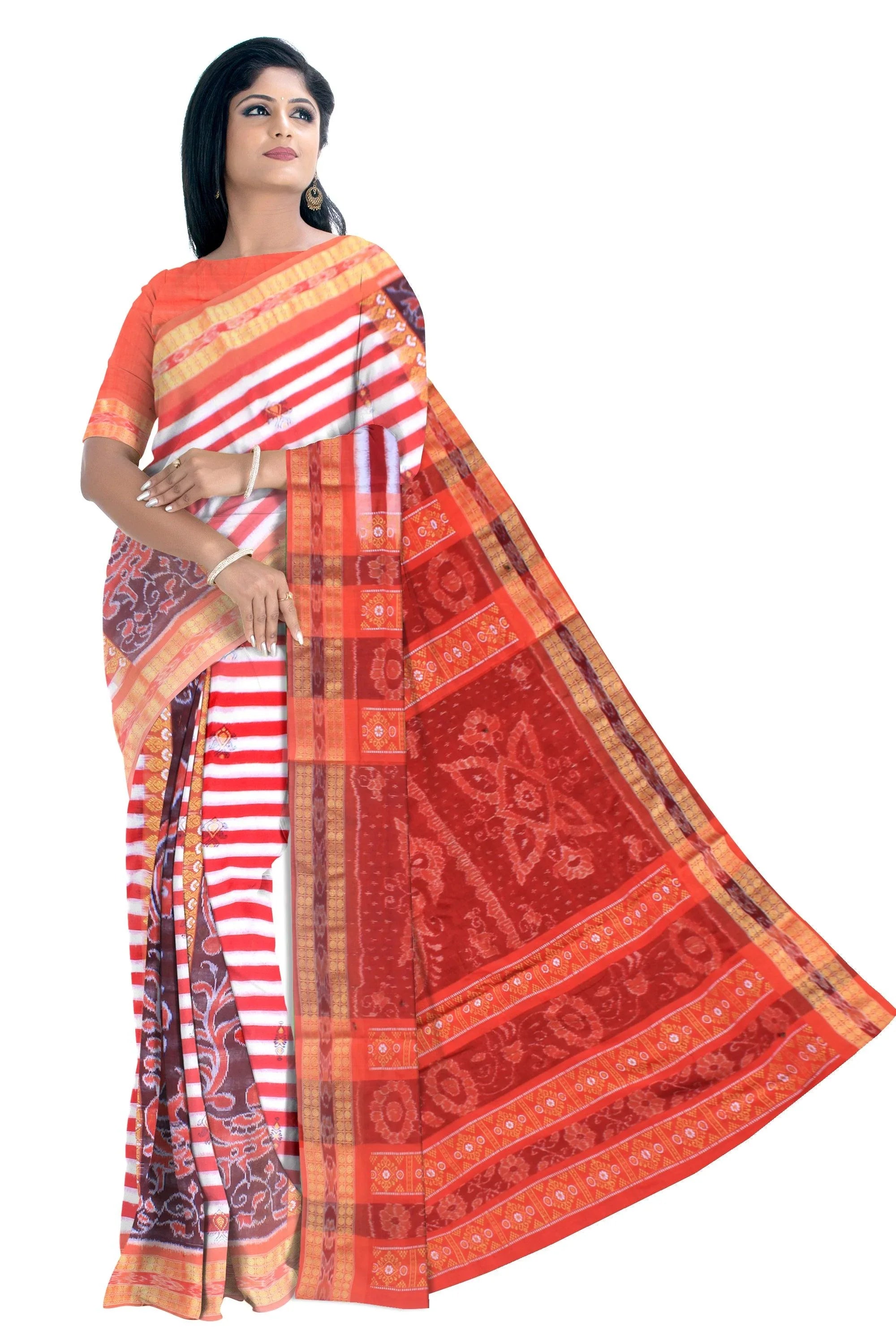 Mayuri design of pure cotton saree in red , white and maroon color , with blouse piece. - Koshali Arts & Crafts Enterprise