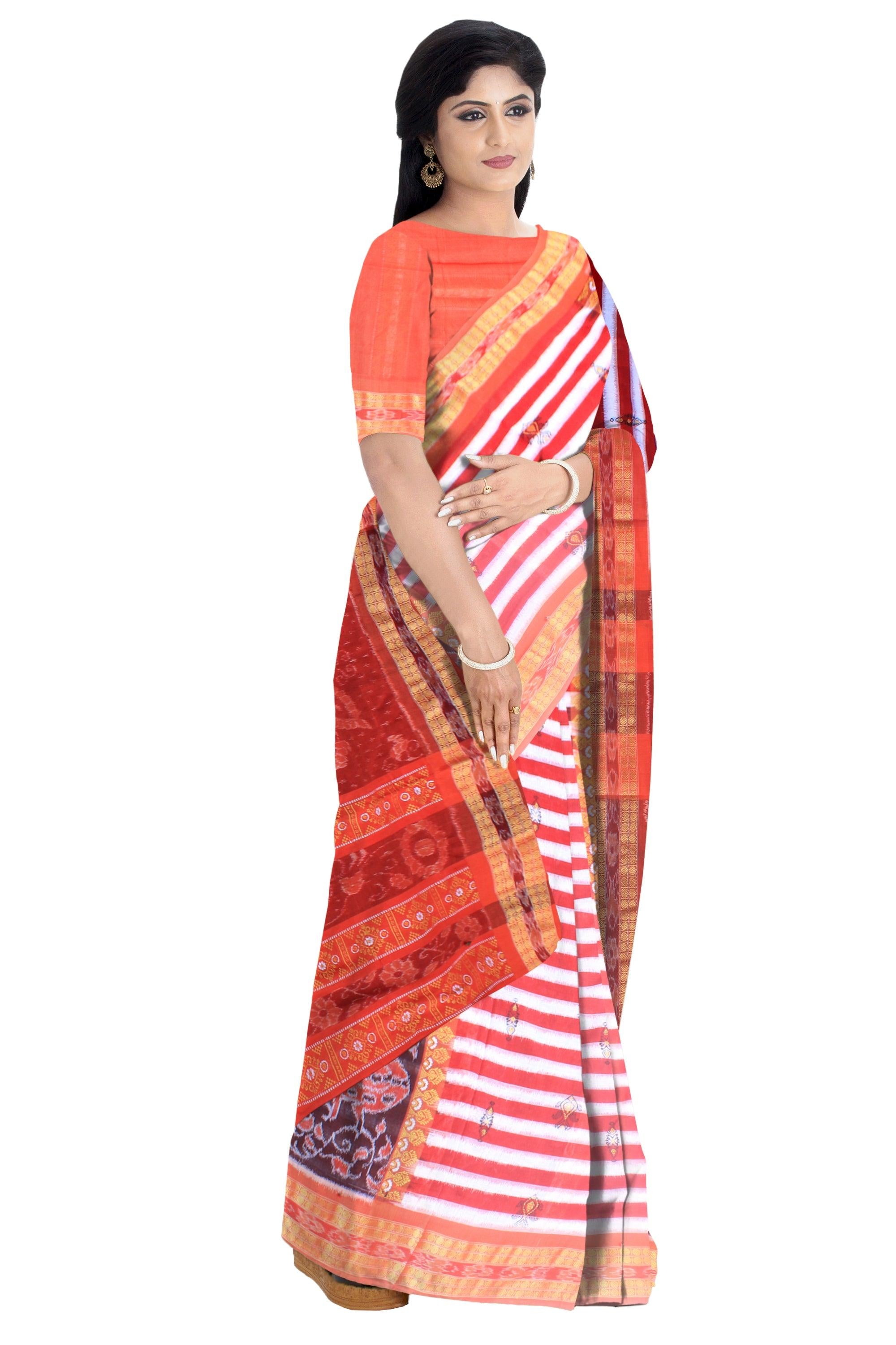 Mayuri design of pure cotton saree in red , white and maroon color , with blouse piece. - Koshali Arts & Crafts Enterprise